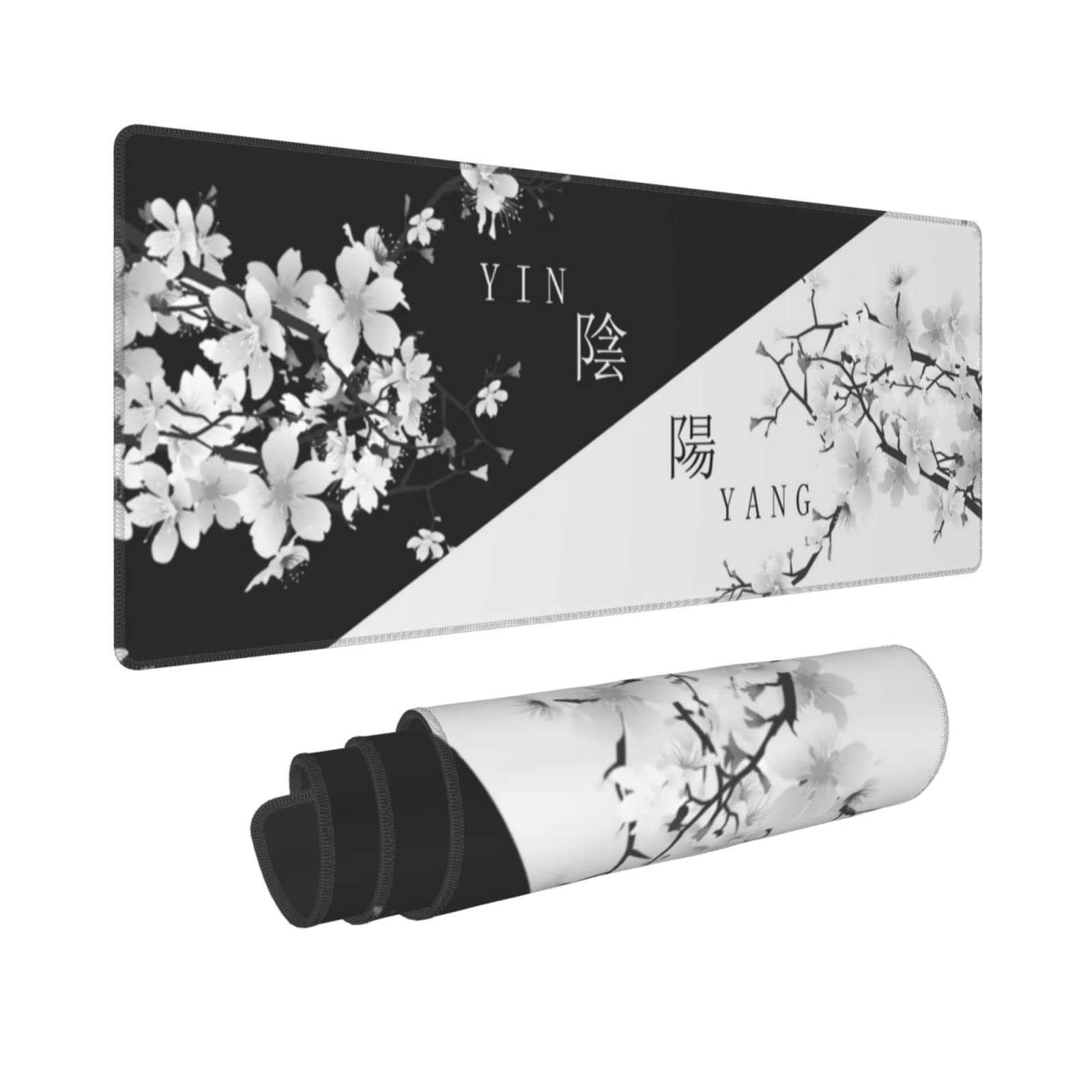 Japanese Black White Cherry Blossom Gaming Mouse Pad XL Extended Large Mousepad with Nonslip Rubber Base Stitched Edges Laptop Computer Keyboard Desk Mat for Office Home Gamer