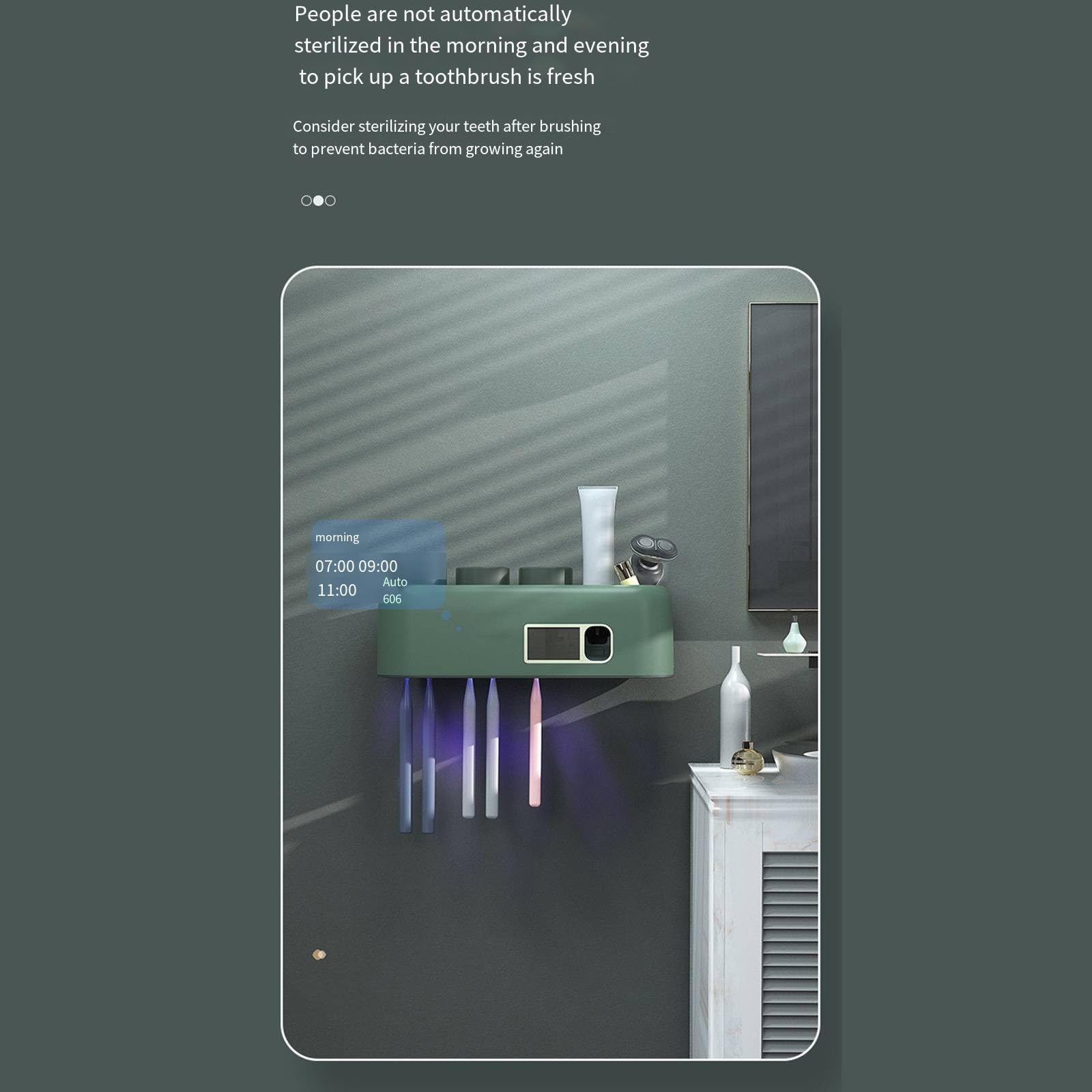 Esterilización por inducción de cepillo de dientes inteligente con soportes de cepillo de dientes de secado para baño estante de almacenamiento sin perforaciones soporte de cepillo de dientes,Green