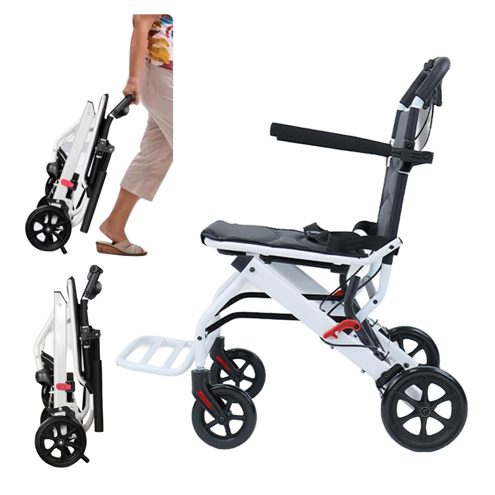 Rollstuhl Faltbar Leicht 8,8kg, Leichtgewicht Reiserollstuhl Ultraleicht Faltbar, Tragbarer Transportrollstühle mit sicherheitsgurt und Fußstützen, Für Behinderte und Senioren Weiß