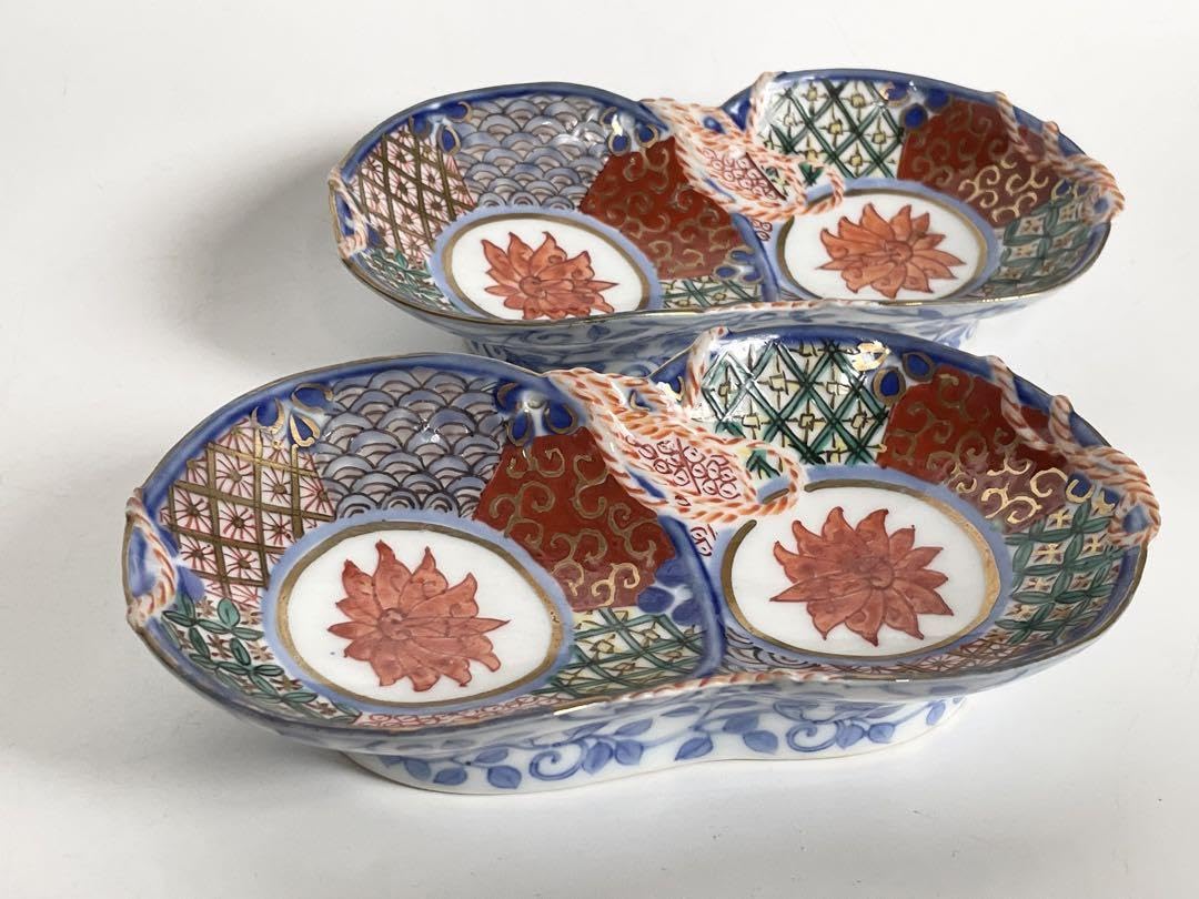 骨董　アンティーク　色絵　祥瑞　金襴手　双菊　瓢箪　向付　変形皿　2枚組 骨董アンティーク色絵祥瑞金襴手双菊瓢箪向付変形皿2枚組