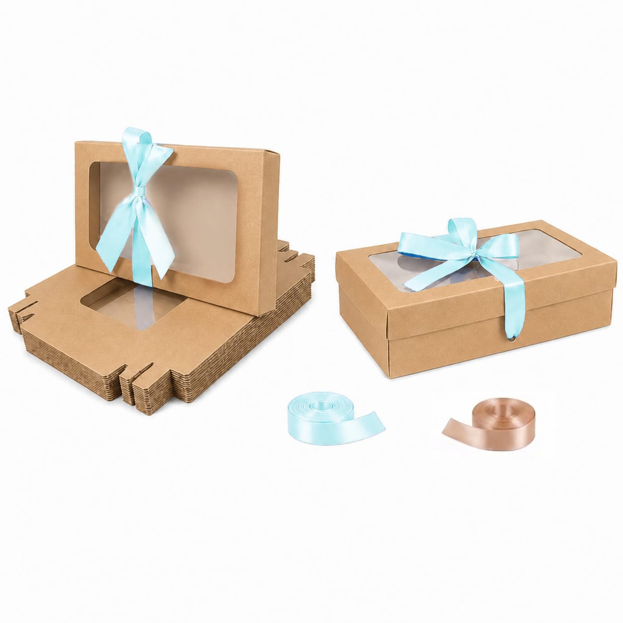Emartbuy Pack of 12 Brown Gift Boxes with Clear Window Lid & Light Blue Satin Ribbon - Small 21.5 x 13.5 x 4.5 cm - Recyclable Kraft Presentation Box for Hampers, Treats, Weddings & Favours