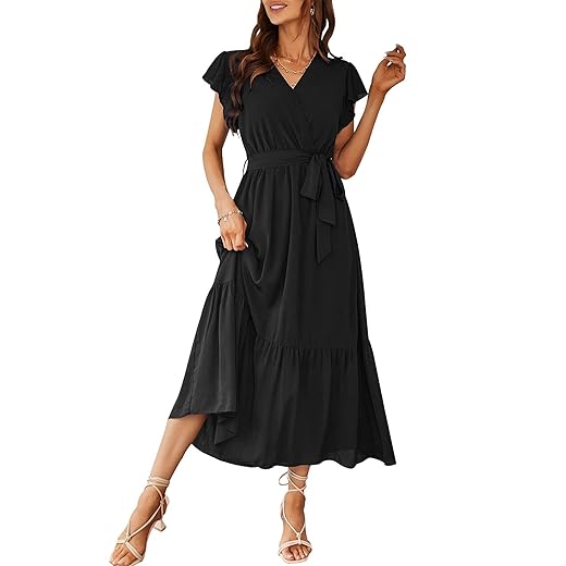 PRETTYGARDEN Women's Summer Floral Boho Maxi Dress Wrap Short Sleeve V Neck Ruffle A-Line Flowy Wedding Guest Long Dresses