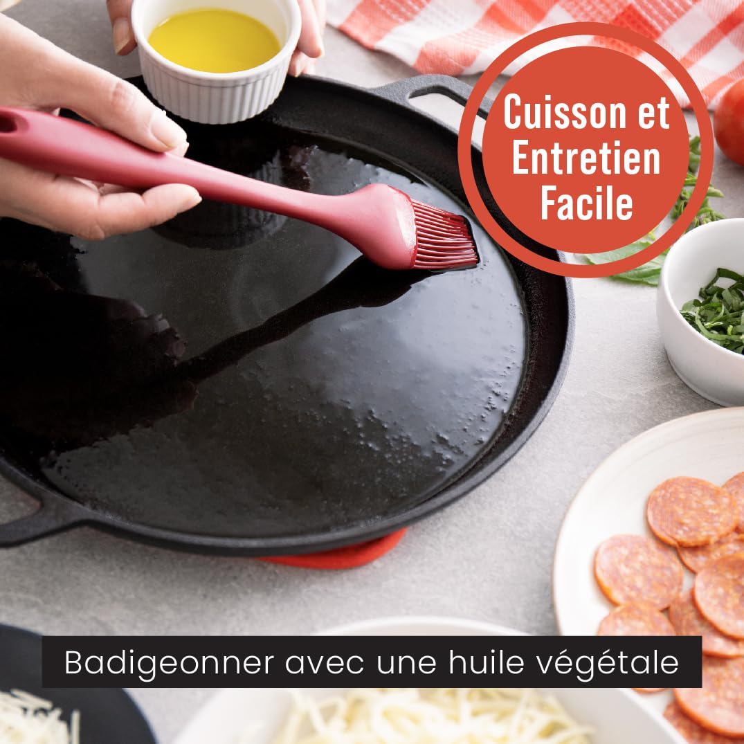 Chef Pomodoro - Plaque Pizza Four avec Poignées - Poêle En Fonte Antiadhésif pour Cuisinière, Four, Bbq, Feu de camp - Assiette a Pizza et Plaque de Cuisson pour Préparer, Griller, 30 cm