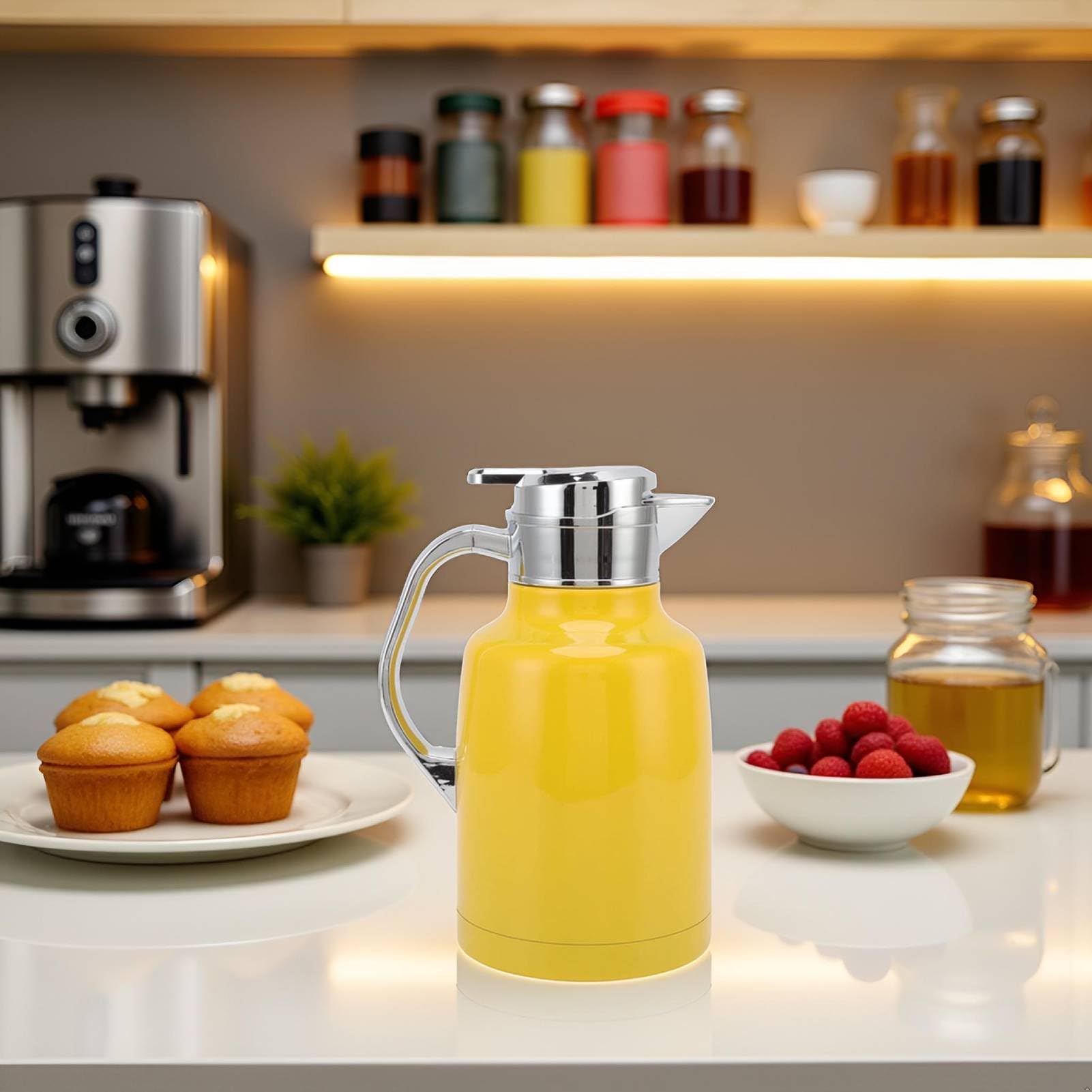 Caraffa termica per caffè, Teiera in acciaio inossidabile, Distributore termico per caffè e tè, Brocca termica per caffè, Bollitore, Bevande, Distributore di bevande calde per (Giallo)