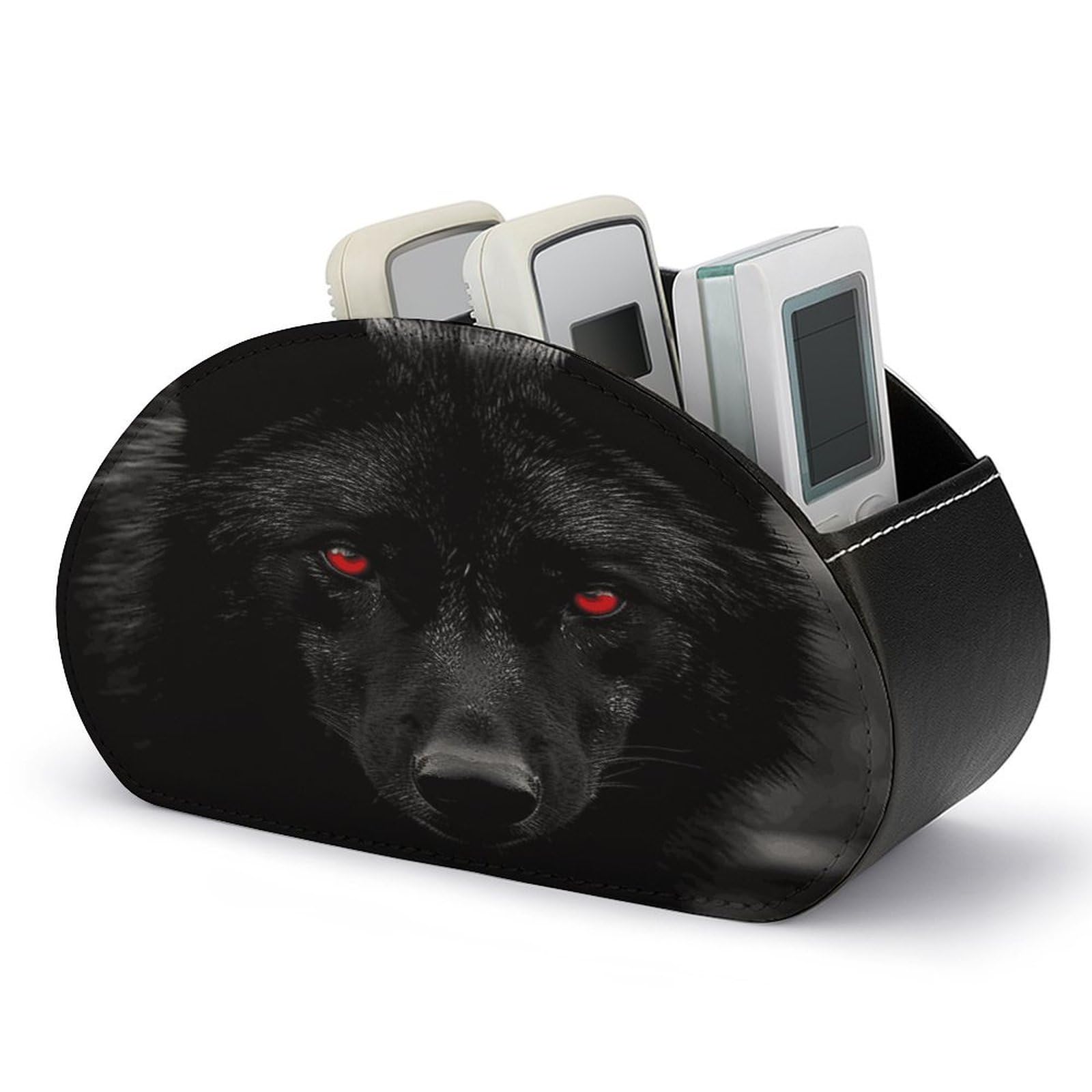 FekiLoot Black Red Eyed Wolf Remote Control Holder with 5 Compartments Multi-functional TV Remote Caddy Organizer Leather TV Remote Holder Desktop Organizer Store for Bedside Table Office Desk