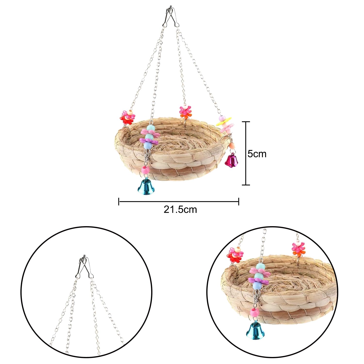 DVOFU Parrot Nest Bird Parrot Toy Natural Rattan Nest Straw Nest Bed Swing with 4 Metal Bells for Lovebird Finch Canary Budgie - Image 2