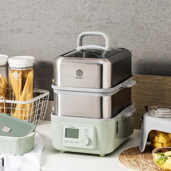 Image of BUYDEEM G563-A501 Electric Food Steamer for Cooking, 2 Tire Stainless Steel Steamer with Slow Cook Mode, 1500W, 10-Quart, Green
