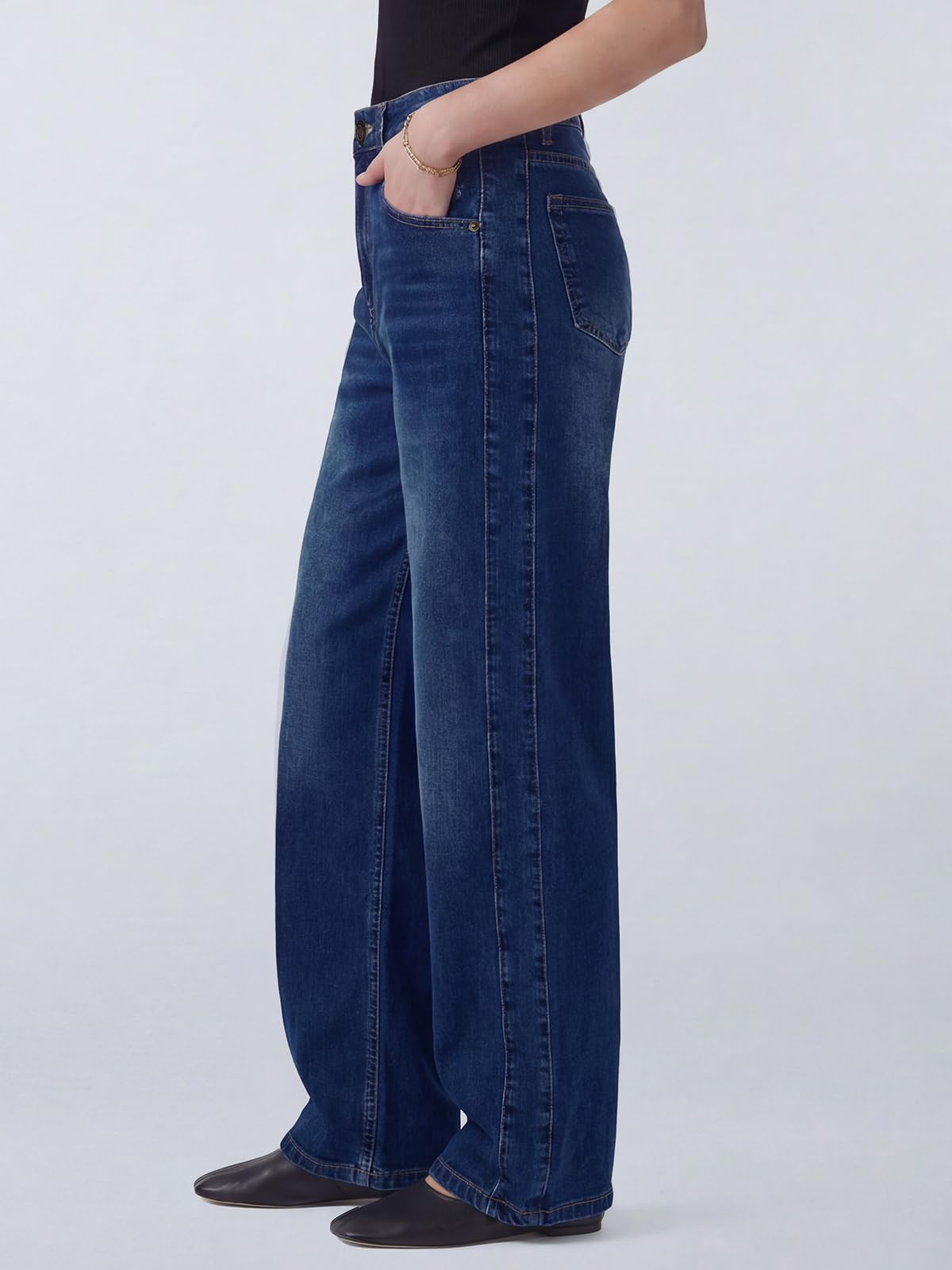 Jean Femme,Baggy Jeans Taille Haute et Jambes Large,Vintage Wide Leg Fit Stretch Boyfriend Pantalon en Denim