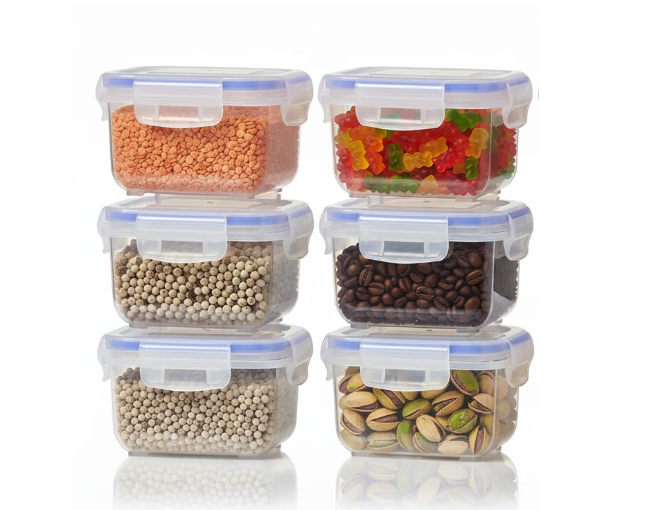 Image of Transparent Airtight Plastic Container Set for Kitchen Storage | Box & Dabba with 4-Side Clip & Lock Lid | for Spices, Snacks, Pasta, Fryms, Tea, Coffee & Pantry Organization (300ML)