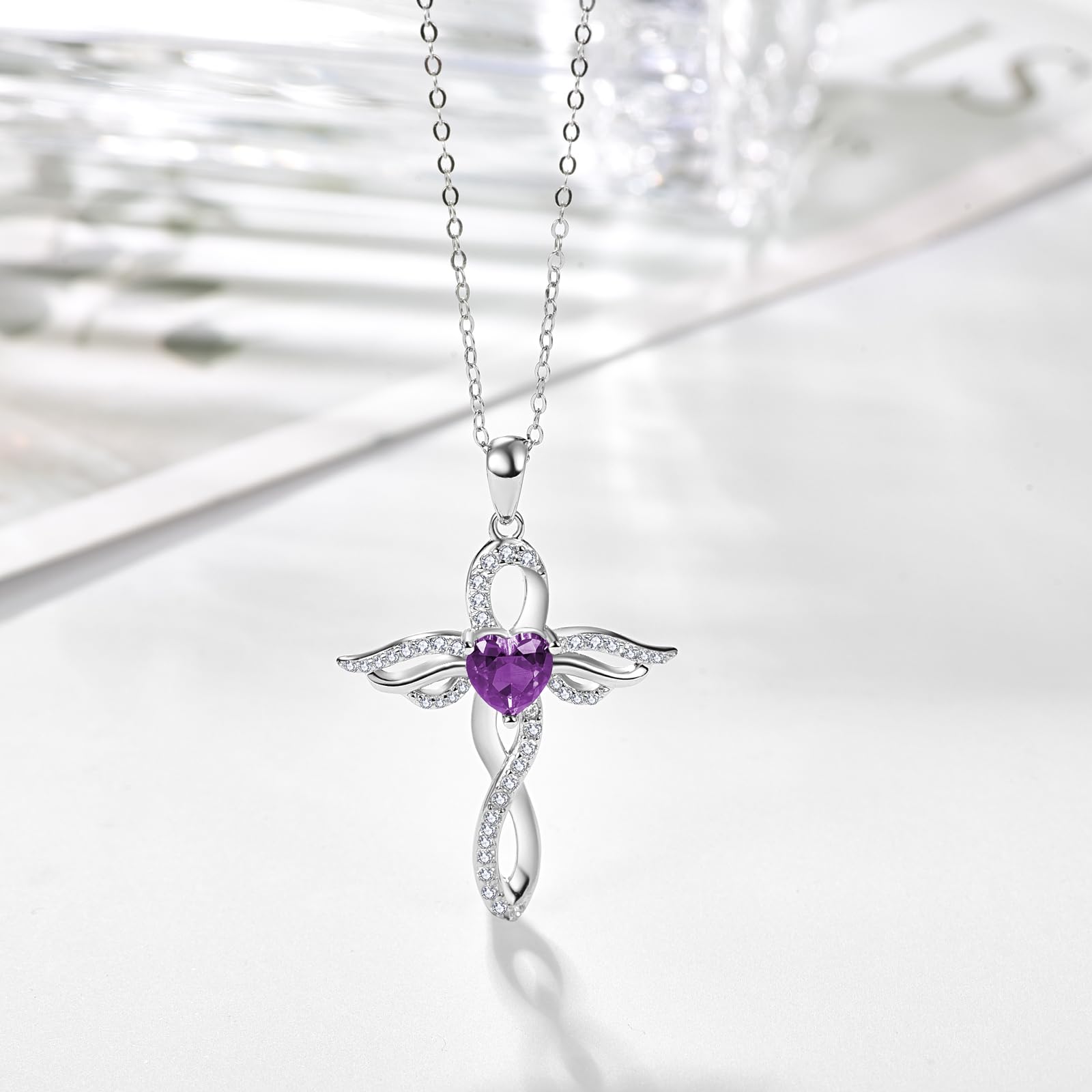 TANGPOET Engelsflügel Halskette für Frauen 925 Sterling Silber Schutzengel Anhänger, Herz Kreuz Geburtsstein Kette, Geburtstag Schmuck Geschenke für sie