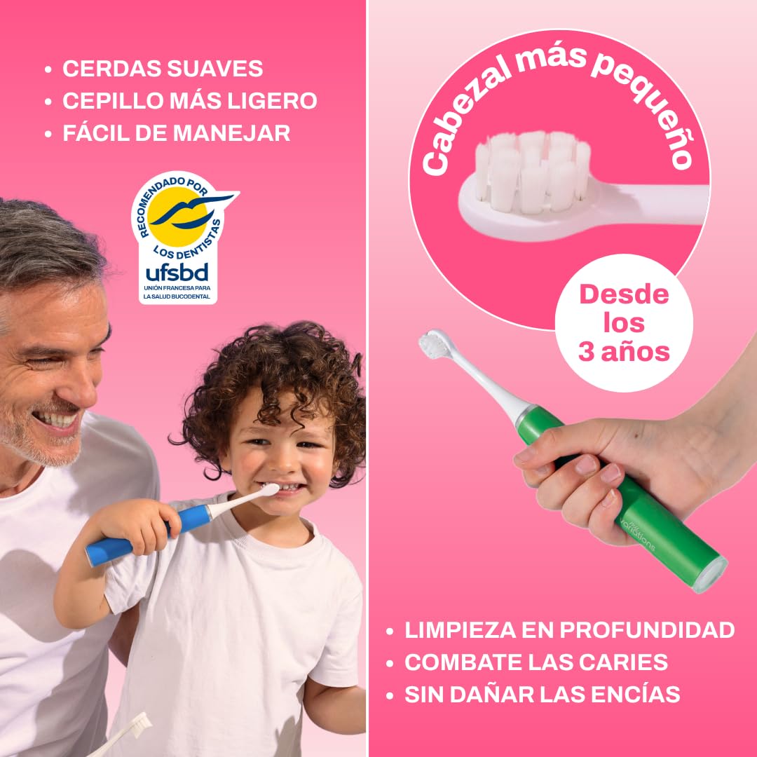 My Variations Cepillo de dientes eléctrico sónico recargable para niños, recomendado por dentistas, 2 modos, 27 calcomanías, 1 mes de duración de la batería, temporizador, a partir de 3 años (azul, 3