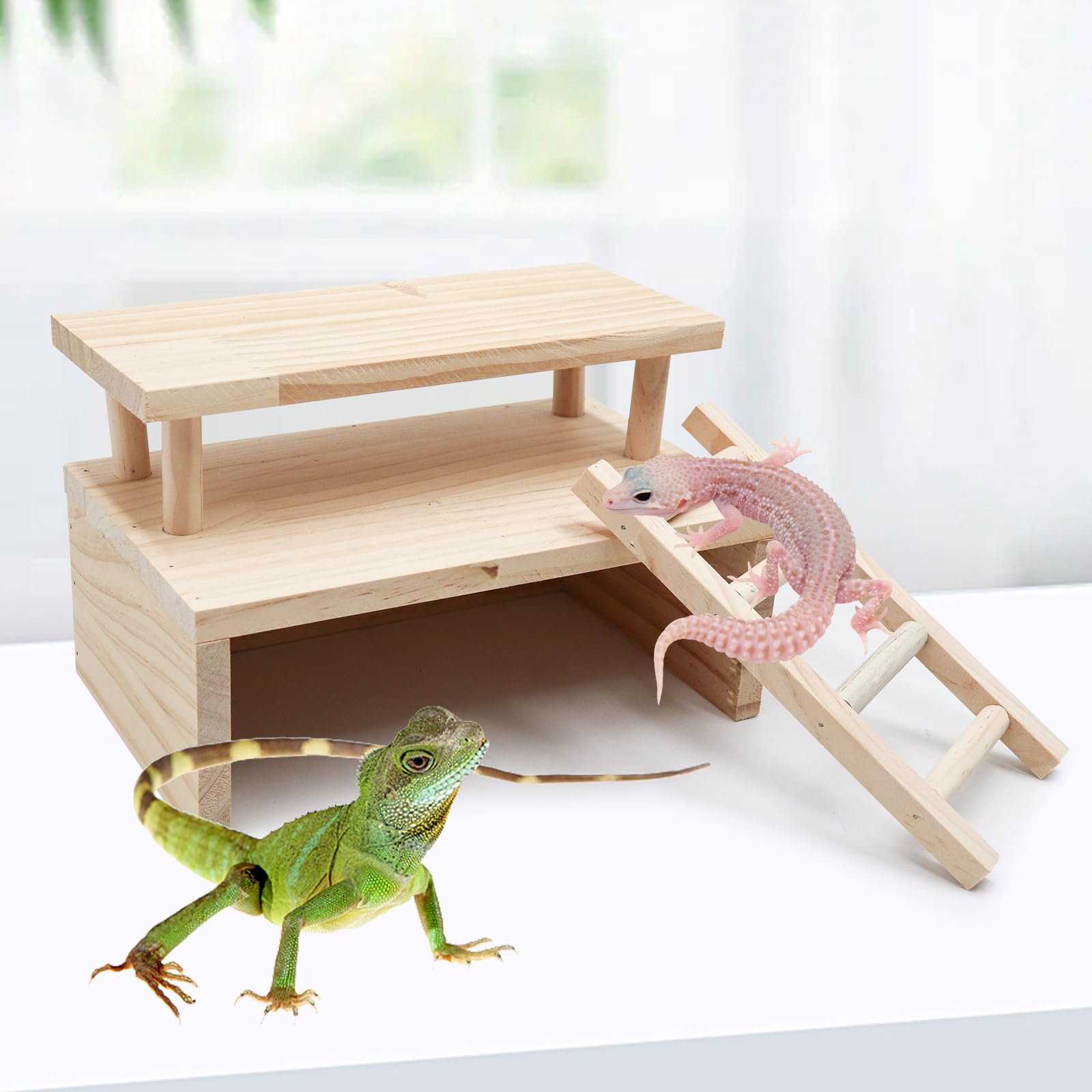 Bearded Dragon Hide Cave, Wooden Double Layer Reptile Hideout with Climbing Ladder, Cage and Aquarium Accessories, Habitat Decor for Reptile Lizards Leopard Geckos Corn Snakes Hamsters Gerbils Rats