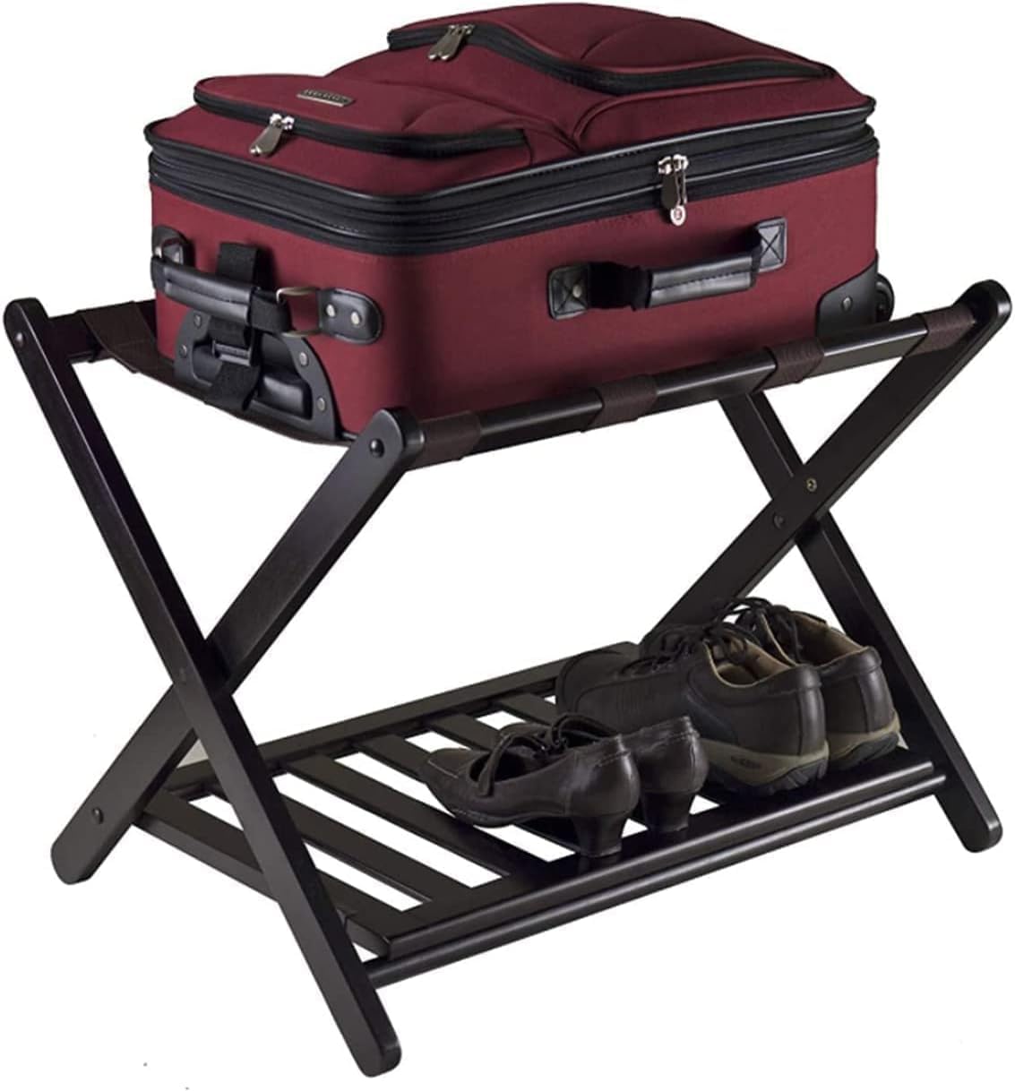 Nisorpa Kofferständer mit Ablagefächern,Gepäckträger klappbar, 68x40x58cm, Gepäckablage aus Bambus, Gepäckständer Platzsparend Kofferablage Kofferbock für Schlafzimmer,Hotel, Schwarz