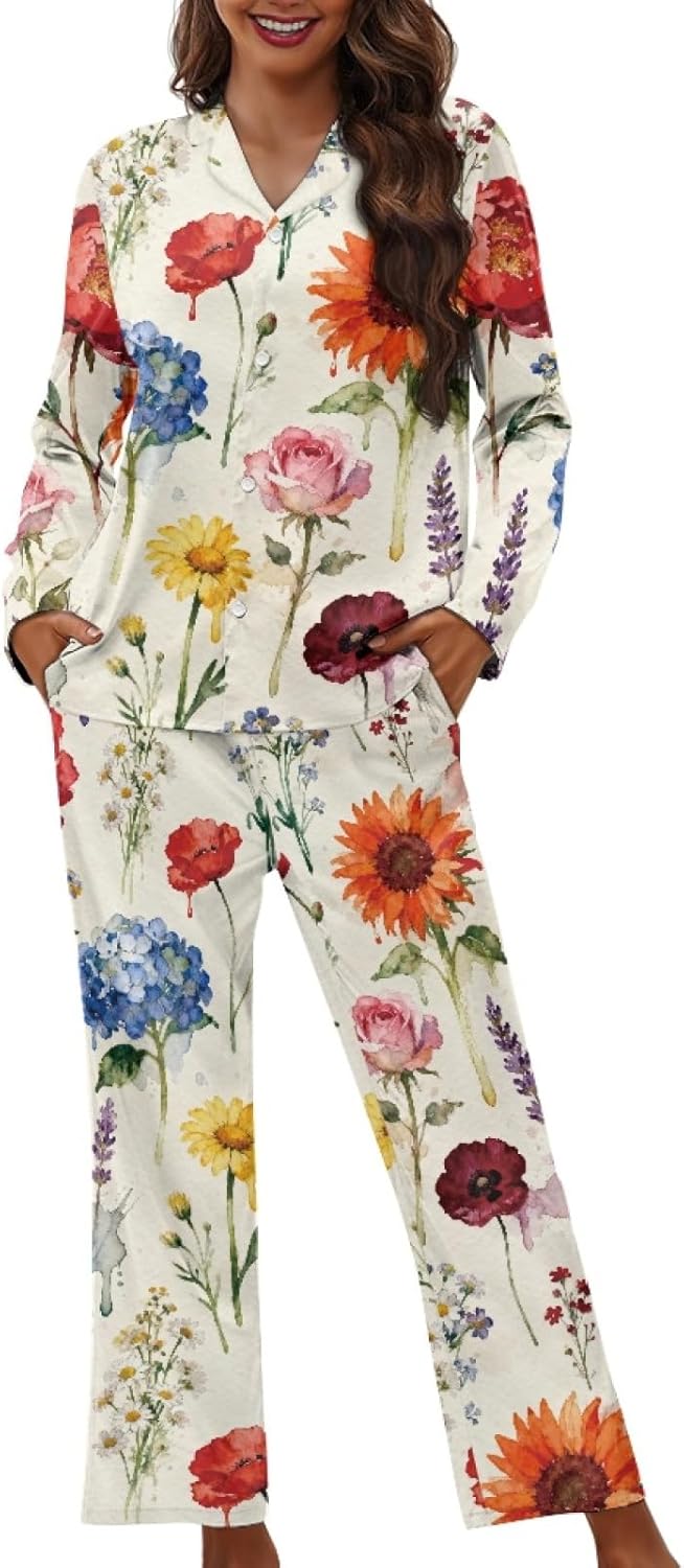 Pajama Set for Women - Comfy Long Sleeve Button Up Sleepwear with Pockets Soft Pj Sets Loose Fall Pajamas
