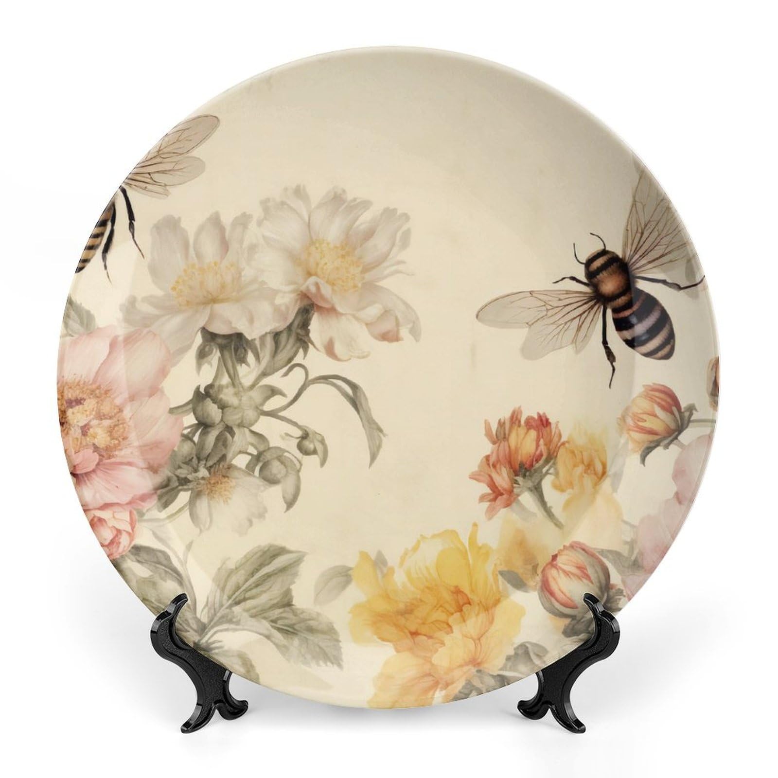 Summer Decorative Plates, Bees & Peony Flowers Vintage Painting Ceramic Plate Home Wobble-Plate with Display Stand, Wall Hanging Decor for Living Room