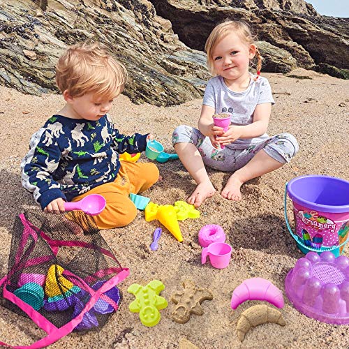 image for NextX Kids Beach Sand Toys, 24 Pcs Sand Tools with Buckets, Mesh Bag, 