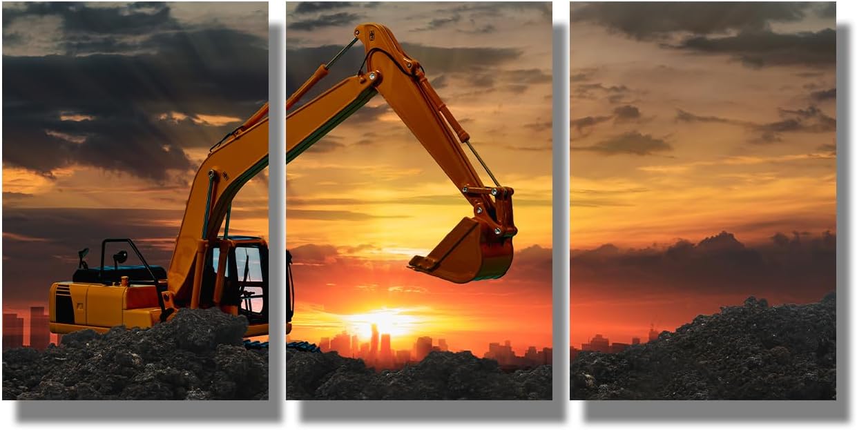 LSIUHWUWI Excavator at Work on Construction Site Canvas Wall Art 1 Panel Backhoe Digging Soil at Construction Site Wall Decorations for Bedroom Picture Print on Canvas Framed Ready to Hang 16X24 INCH