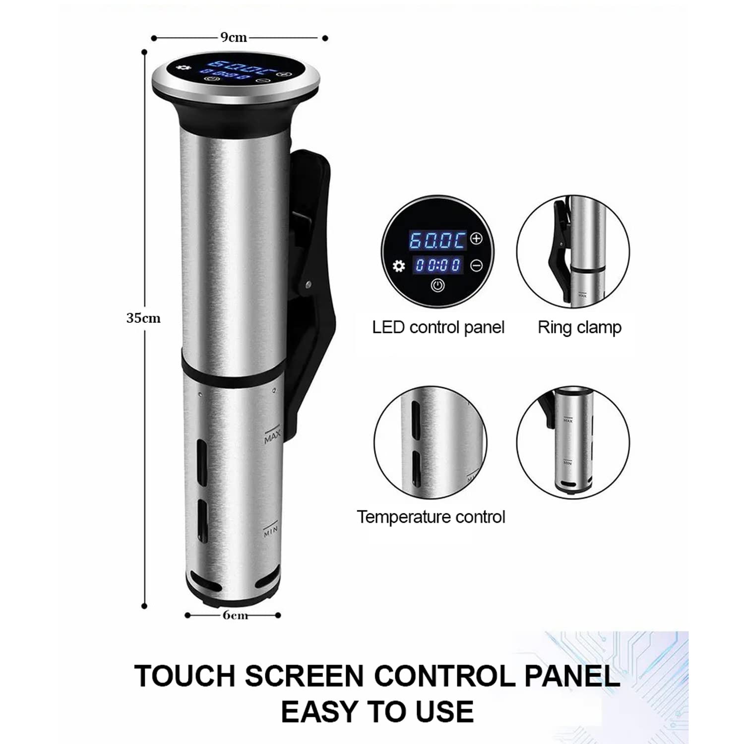 Cocina Sous Vide 1200W, IPX7 impermeable, pantalla táctil LED, control preciso de temperatura para una cocción perfecta, fácil de usar, diseño de acero inoxidable
