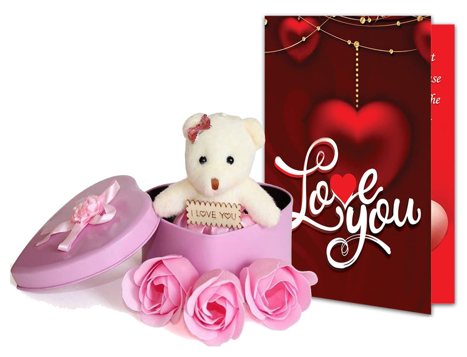 ME & YOU Romantic Gift Combo (Pink Tin Box with Small Teddy & Artificial Rose, Greeting Card with Love with Quote) | Karwa Chauth Gift Pack | Valentine Day Gift for Wife/Girlfriend
