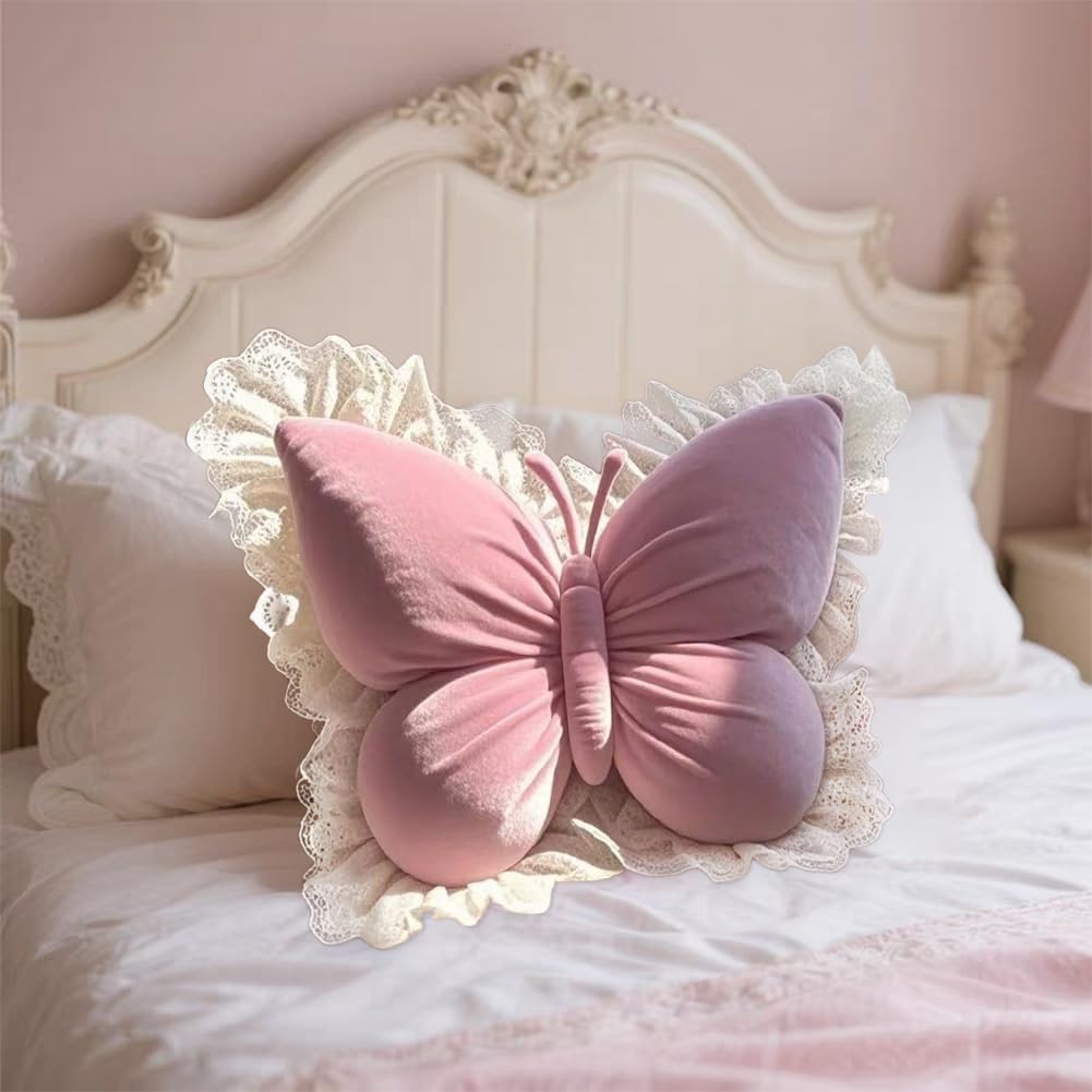 Butterfly Throw Pillow,21.6 inch Velvet Butterfly Decorative Pillow with Lace Trim,Animal Pillow for Couch Living Room Bed,Home Garden Decor (Pink)