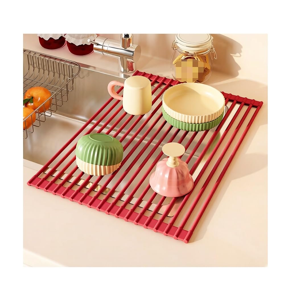 Escurridor de platos enrollable multiusos, escurridor de cocina plegable para colocar sobre el fregadero, barra de acero inoxidable con cubierta de silicona completa, escurridor antideslizante para e