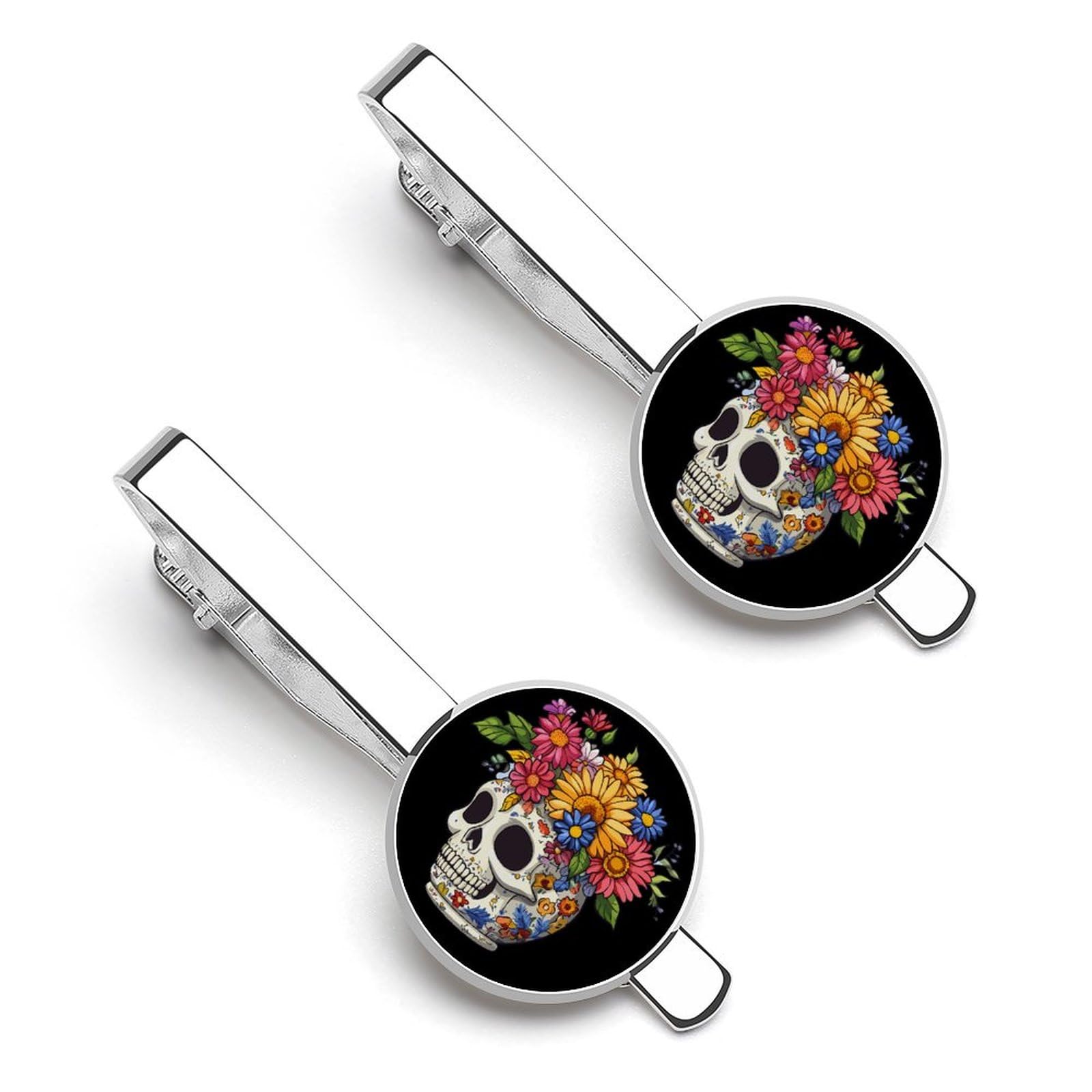 Flower Skull Men's Tie Clip Tie Bar Round Tie Clasp Classic Tie Tack Pins Jewelry Accessories