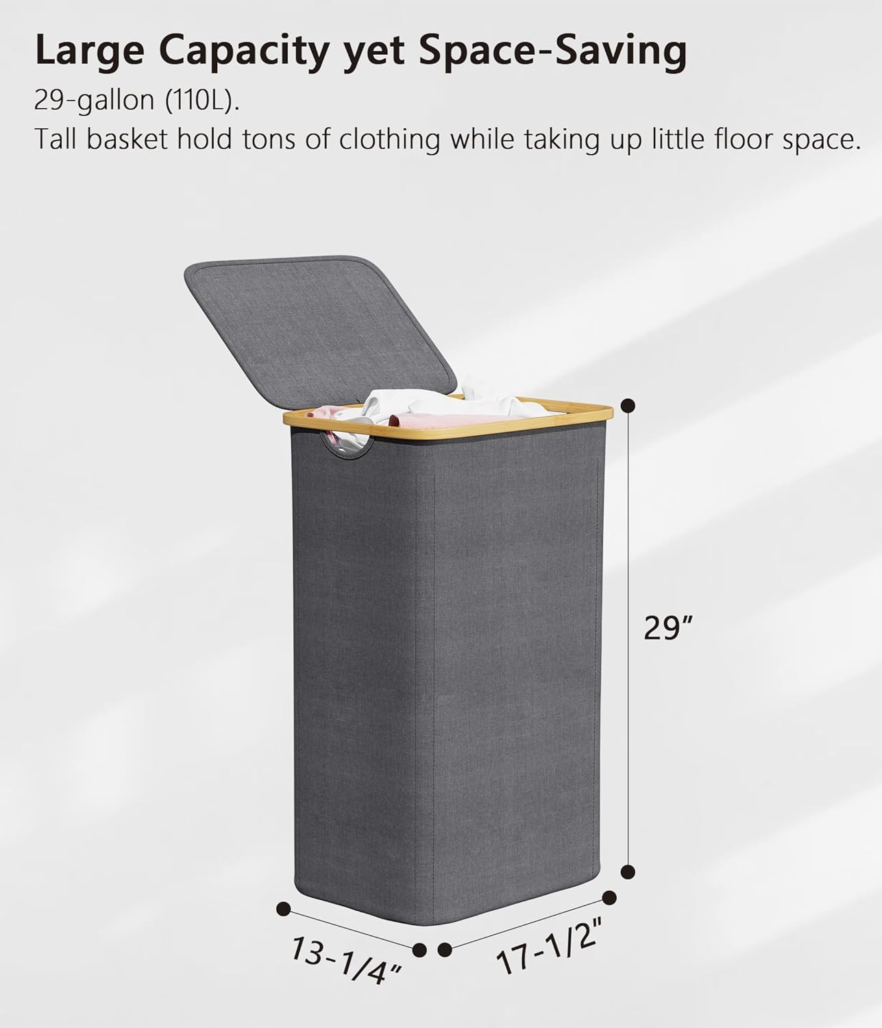 Cesto Ropa Hamper Cesto Plegable para La Colada con Tapa, Cesta para Ropa Asas De Bambú para Dormitorio, Baño, Cuarto Lavado Accesorio Lavandería(Gray)