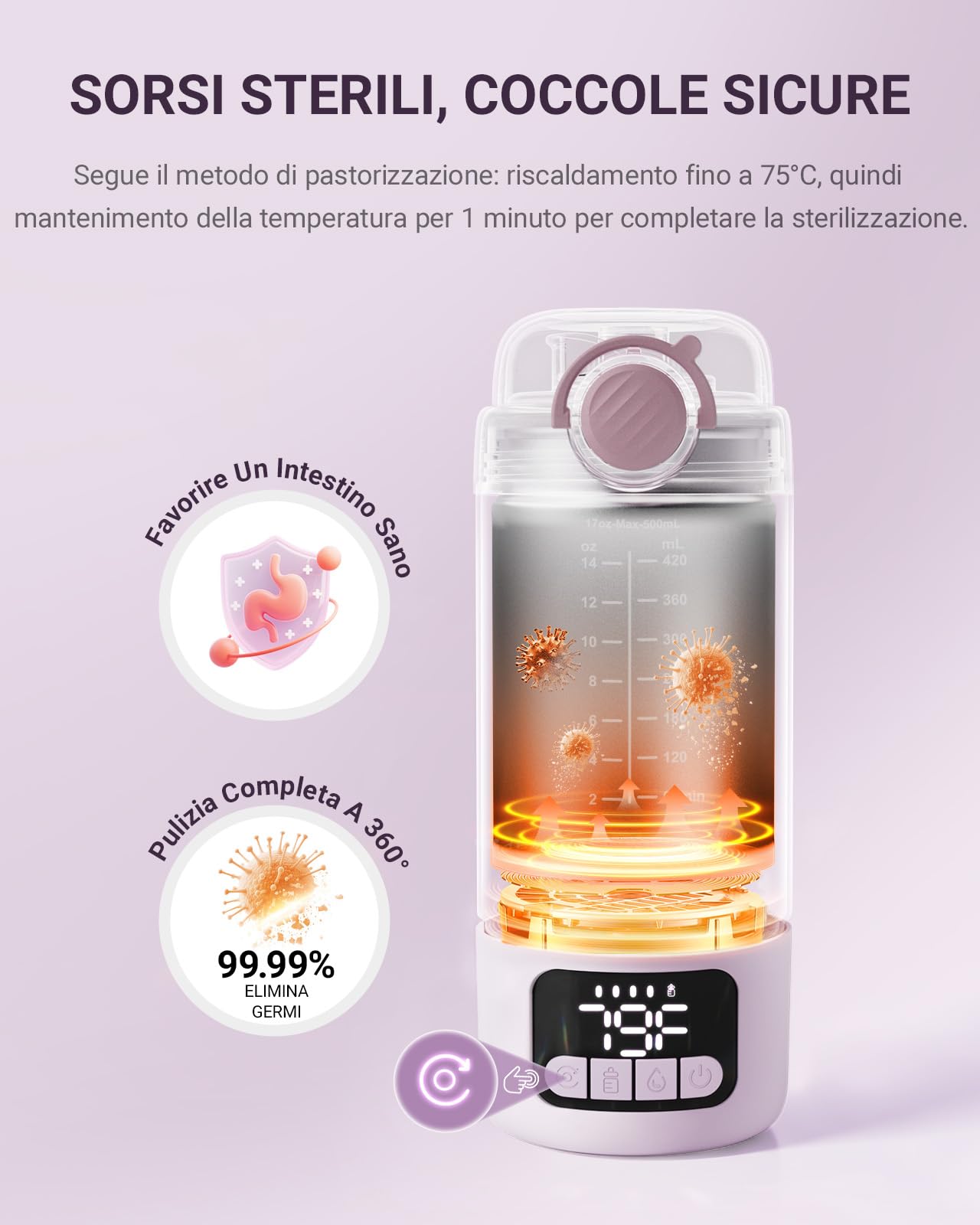 Comfyer BW02 Scaldabiberon Portatile con Batteria 16000mAh e Sterilizzatore Integrato – Riscaldamento Rapido per Latte Materno e Acqua, 2 Modalità, Biberon Warmer per Viaggio e Casa, 500ml