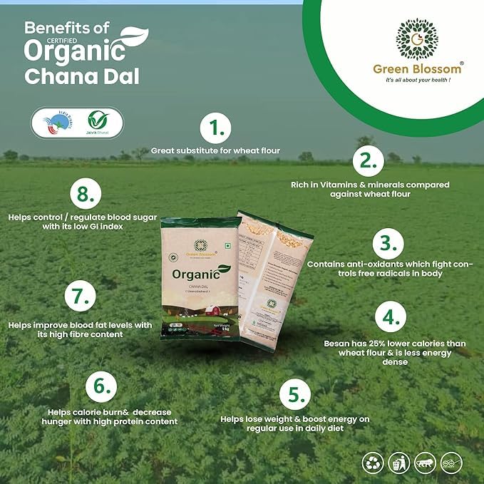 Green Blossom Organic Chana Dal | Unpolished and Gluten-Free Dal | 100% Organic | 100% Vegan - 3Kg (1kg x Pack Of 3) 2