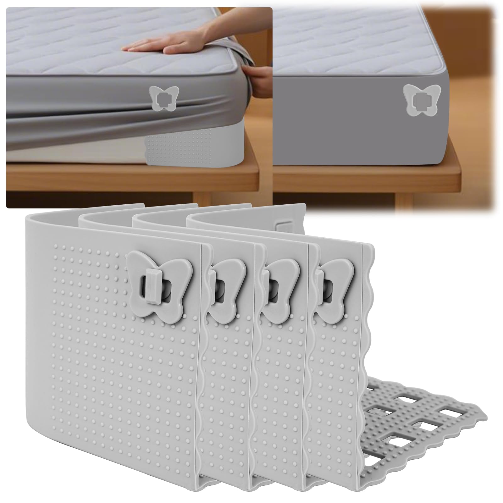 Bed Sheet Holders Keep Sheets Firm & Tight, Fitted Sheet Corners Holders with Lock, Bed Sheet Clips/Straps for Lateral Sleepers and Restless Partners, Fits All Sheet Sizes, Grey