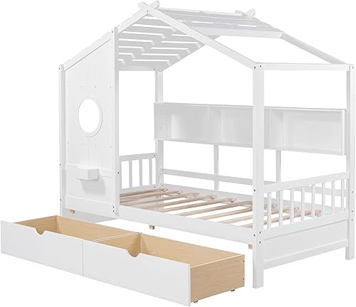 Miniatura 12 de Bellemave Full Size Kids House Bed with 2 Drawers & Storage Shelves, Wooden Montessori Bed Frame with Window and Roof, Kids Playhouse Tent Bed