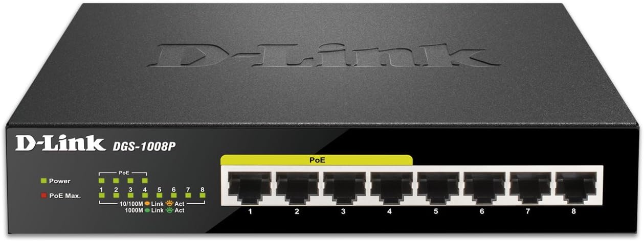 D-Link Ethernet Switch, 8 Port Gigabit Unmanaged Desktop with 4 PoE Ports, 68W PoE Budget (DGS-1008P) (Renewed)