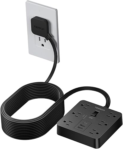 TESSAN - Cable de extensión de enchufe plano de 15 pies, regleta de alimentación con 6 tomas de corriente y 3 puertos USB (1 USB C), protección de