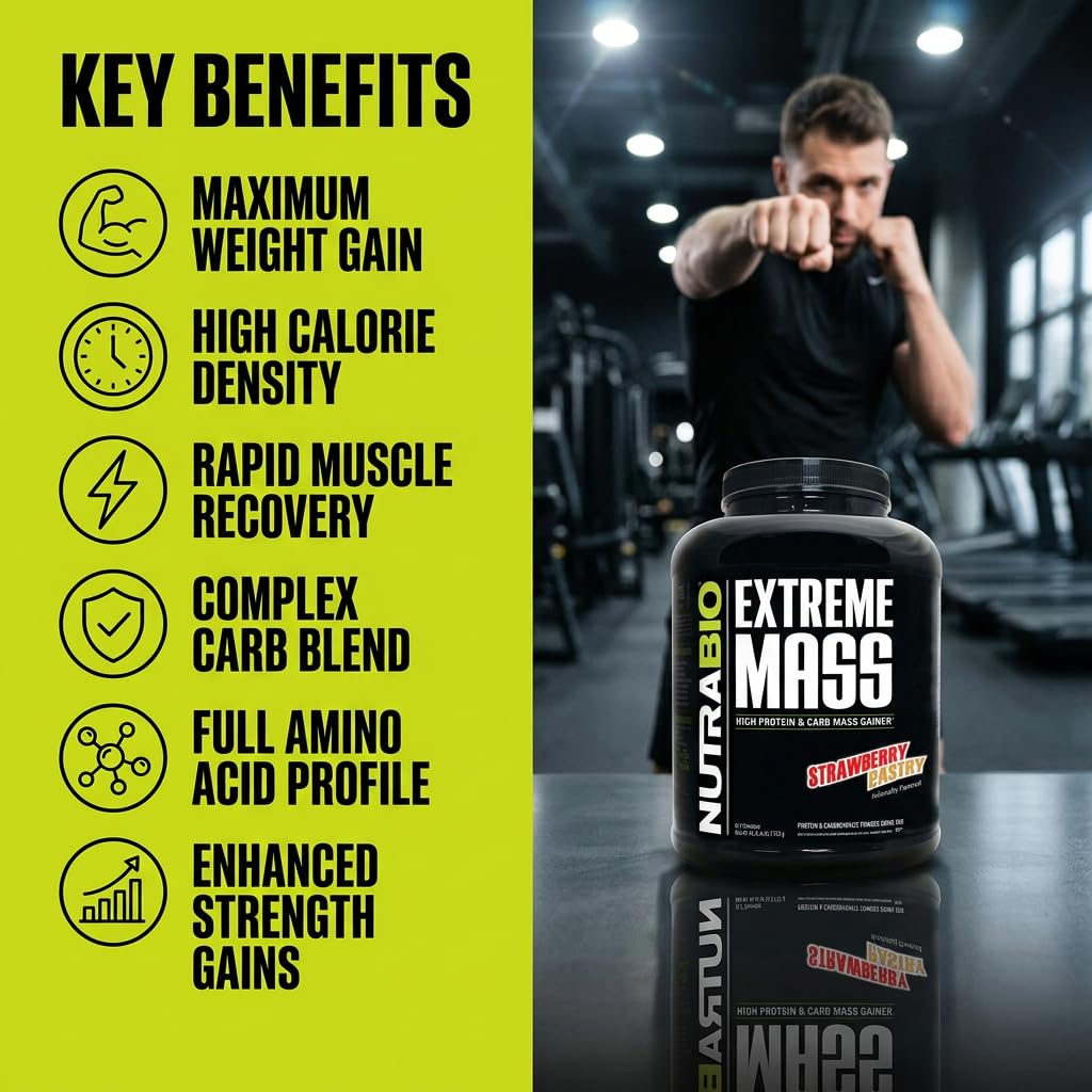 NutraBio Extreme Mass Gainer Protein Powder, 53G Protein, Clean Weight Gainer, Increase Muscle Mass, Full Spectrum Amino Acid - Strawberry Pastry, 6 Pound — Amazon image 4