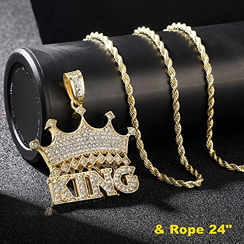 Hh Bling Empire Silver Iced Out Chains For Men,Gold Hip Hop Chains For Young Boy,Crown Pendant Rapper Jewelry Chains 22 Inch (Big Crown-Gold, With Rope) #TOP4