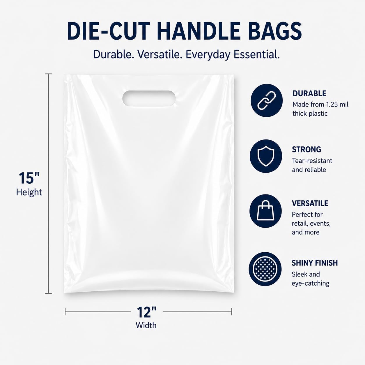 Purple Q Crafts 200 Count White Plastic Merchandise Bags, 12" x 15", Die-Cut Handle Retail Shopping Bags, Plastic Gift Bags for Retail Stores and Events image 2