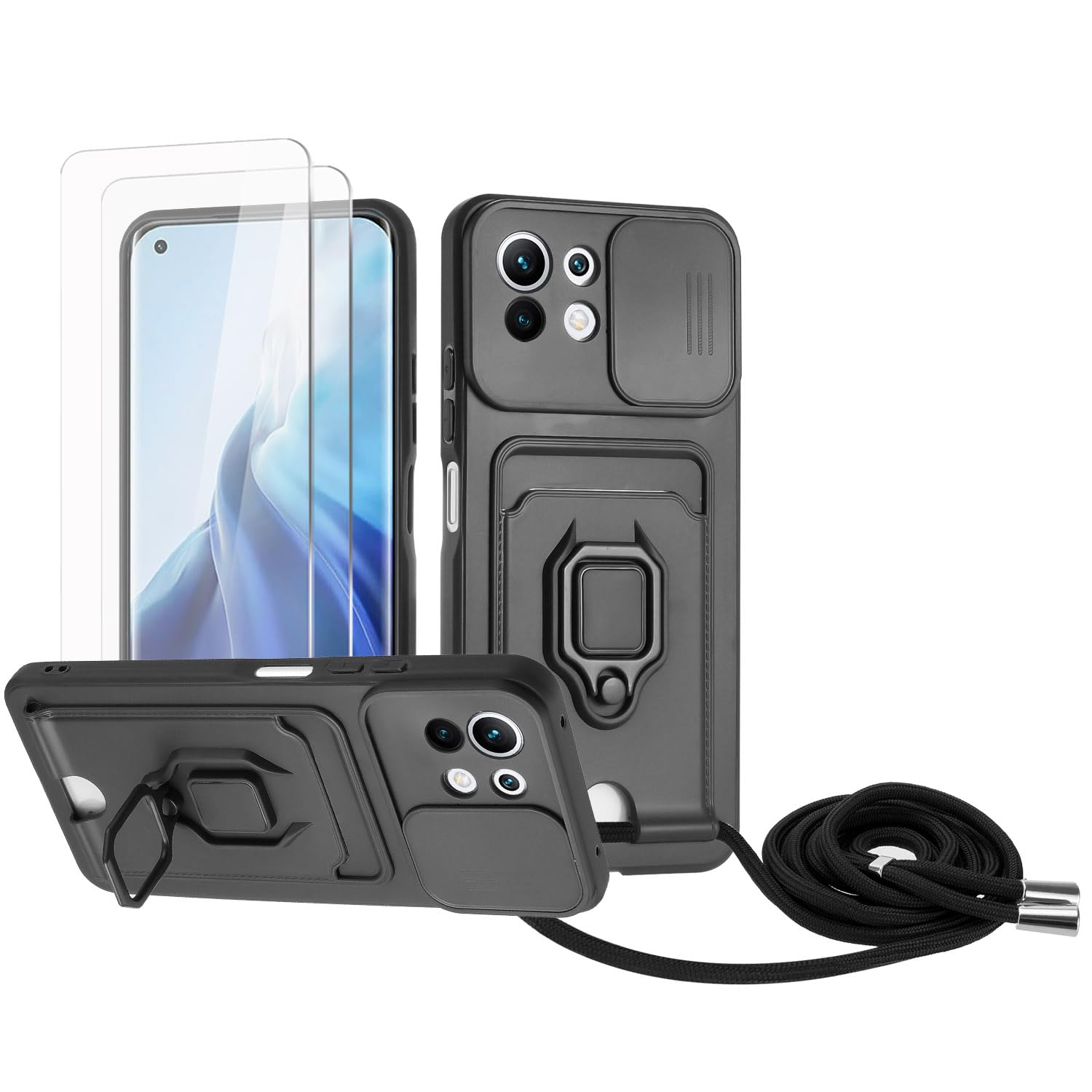 Zallagre Funda con Cuerda Compatible con Redmi Note 13 Pro 5G,[2 Packs Cristal Templado],Ranura para Tarjetas,Cubierta de Cámara Deslizante Proteger,360 Anillo Soporte-Morado — view 45