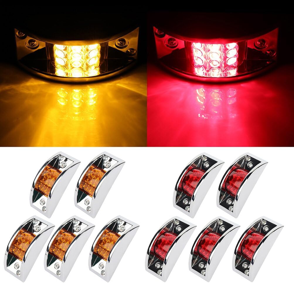 10x Rectangular Armored-style Clearance Side Marker Light Chrome 12LED Trailer Clearance Light for Truck Trailer Truck Trailers Golf Cart Untility Boat Cargo, Red