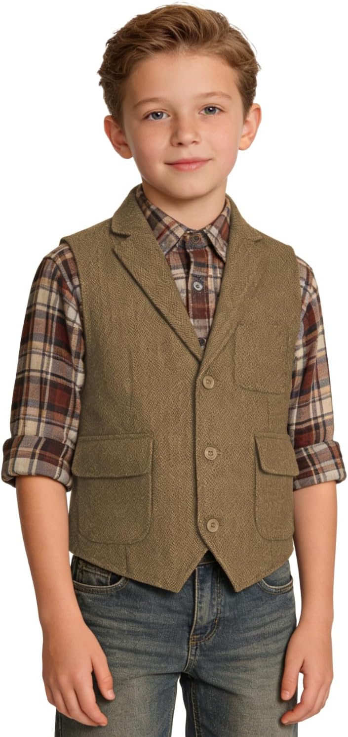 Bakerbear Boys Classic Tweed Vest for Kids Casual Retro Western Waistcoat | Herringbone, notched lapel vests, large breast pocket, flap pockets, adjustable back, Wedding School Birthday Christmas