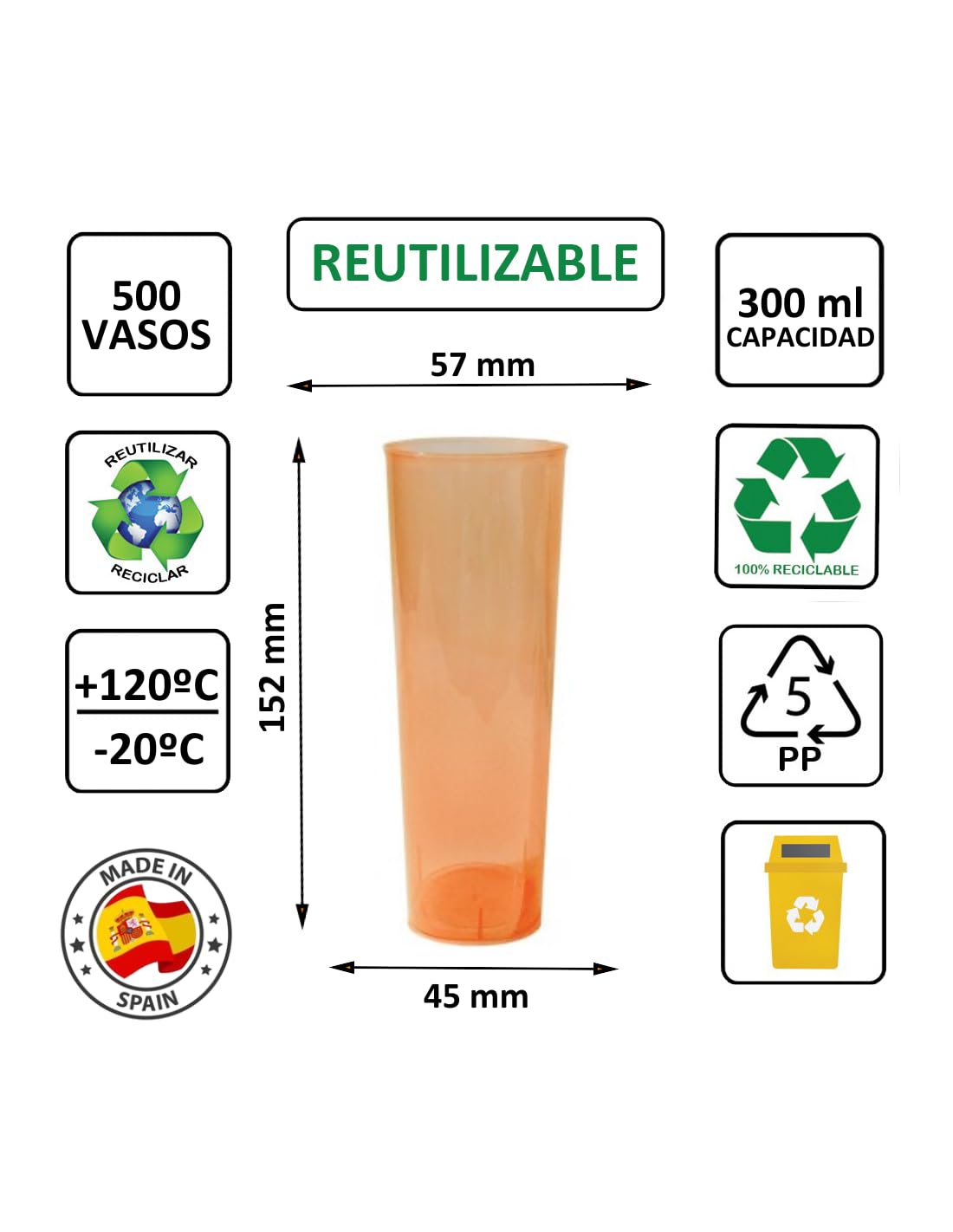 500 unidades - Vaso Tubo 300 ml Reutilizable Ligero - Polipropileno (PP) - Color naranja - Vaso ecológico Libre de BPA, Ideal para cerveza, cubatas, agua