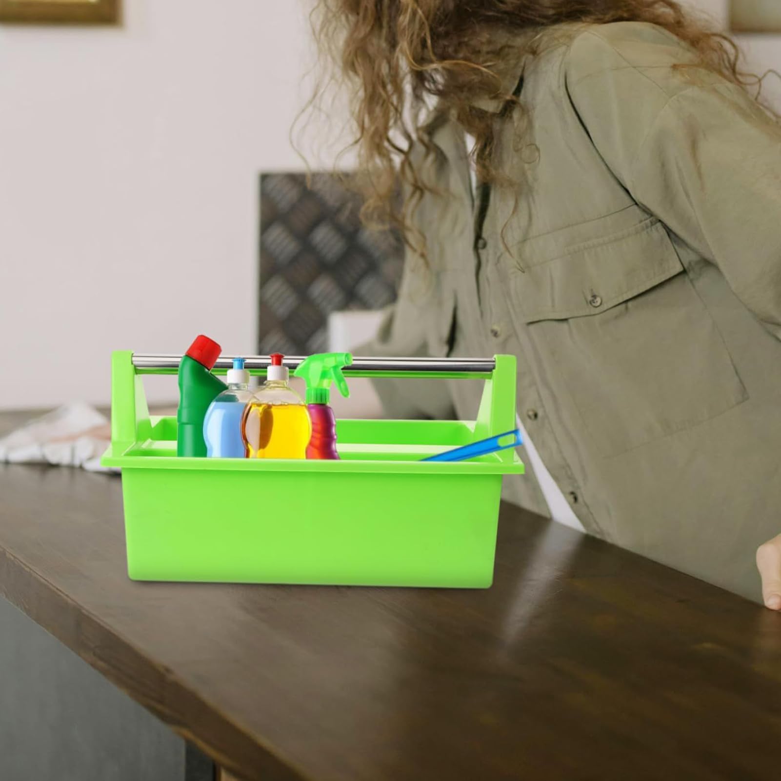 Organizador de limpieza portátil con asa, contenedor ligero de almacenamiento de herramientas, versátil soporte para suministros de limpieza para un fácil acceso e iones