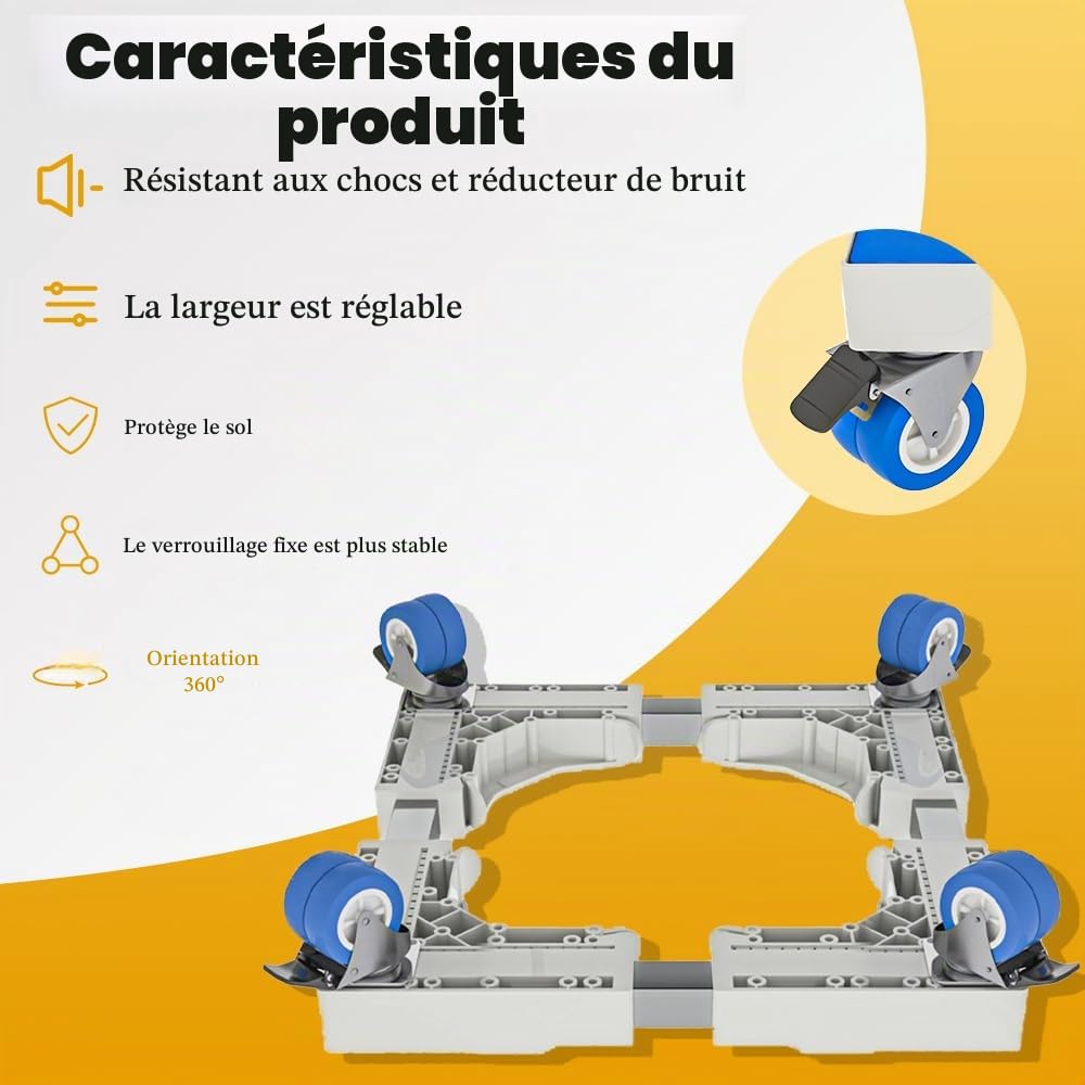 Socle amovible pour machine à laver, socle réglable de 41 à 65 cm, pour sèche-linge, réfrigérateur, haute résistance, amortisseurs et réduction du bruit [Classe énergétique A+++] (4 roues)