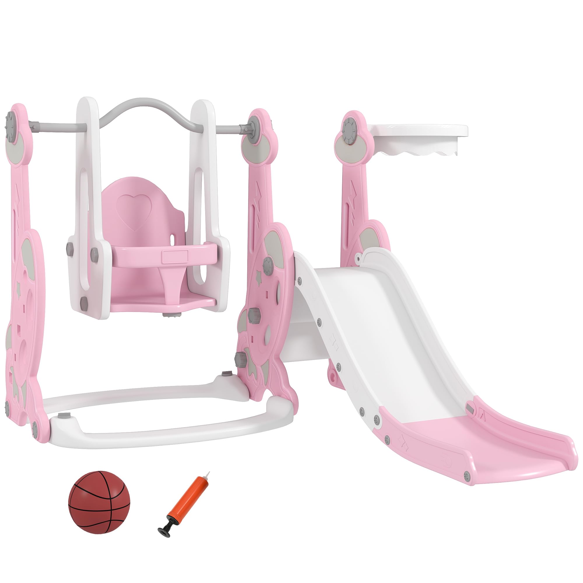 AIYAPLAY Tobogán Infantil 4 en 1 Parque Infantil con Columpio y Tobogán Escalador Aro de Baloncesto Temática de Cohete para Interior Rosa y Blanco