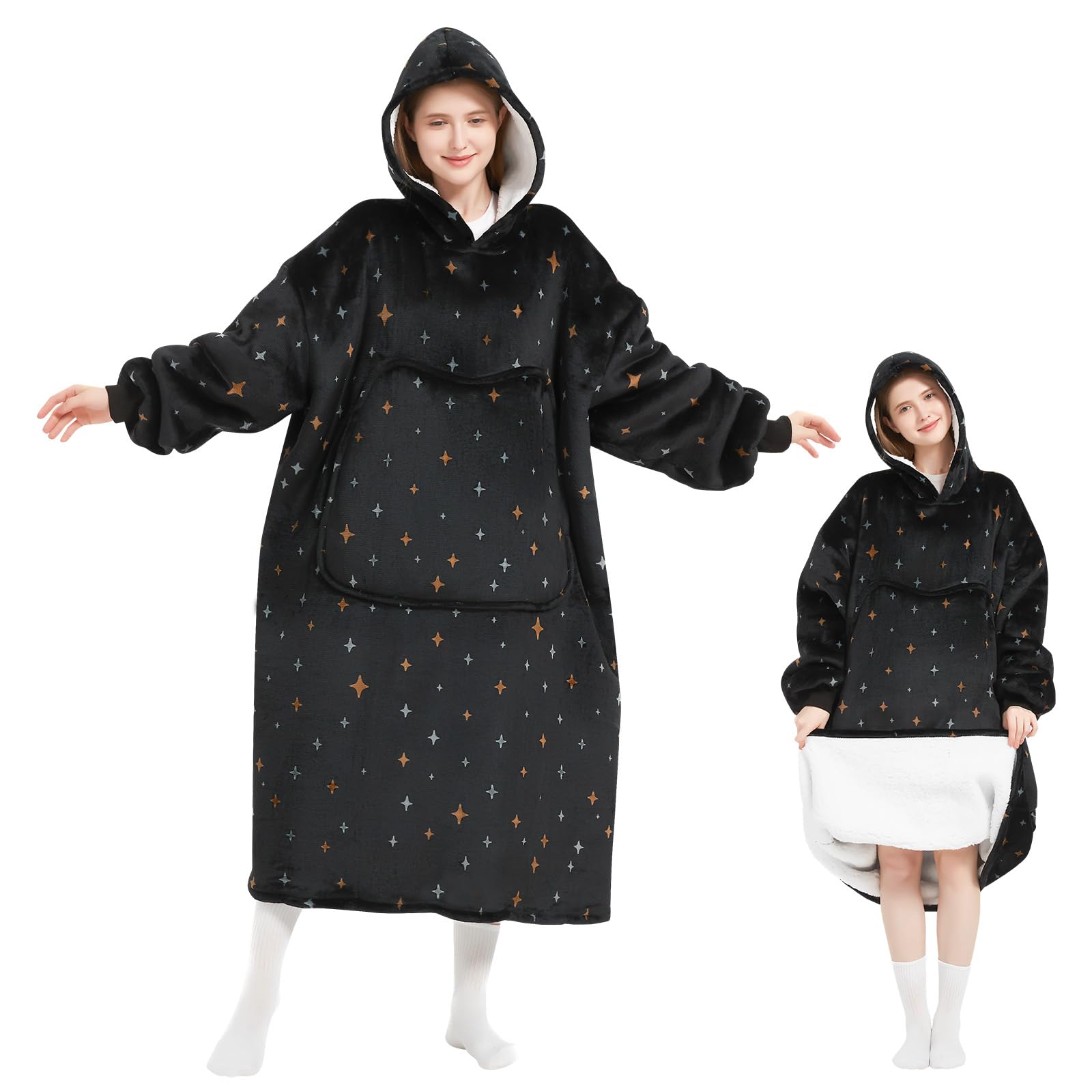 Mewaii Extra Long Oversized Wearable Blanket Hoodie, Super Soft Warm Cozy Flannel Sherpa Hooded Sweatshirt with Giant Pocket
