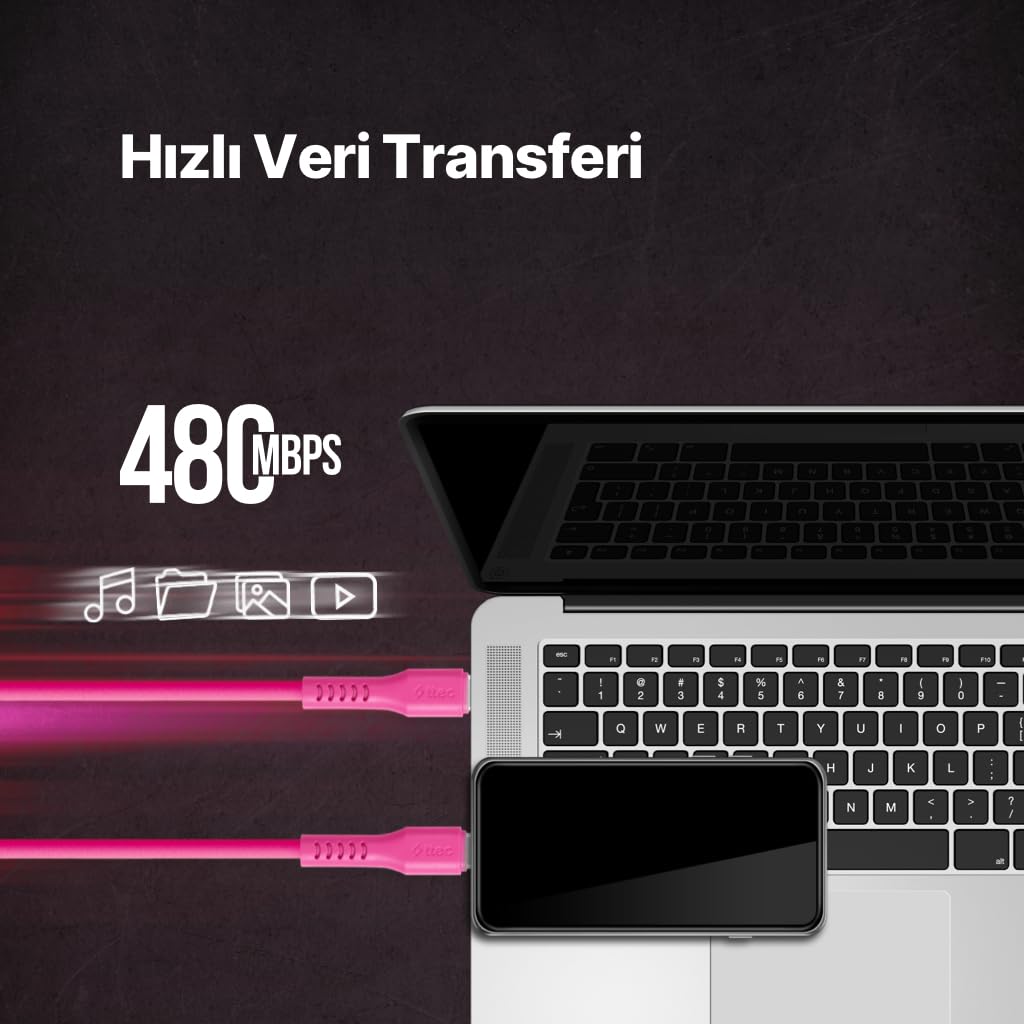 ttec USB-C - USB-C 120cm 60W PD/QC Hızlı Şarj/Data Kablosu Neon 2DK59N (Neon Pembe)