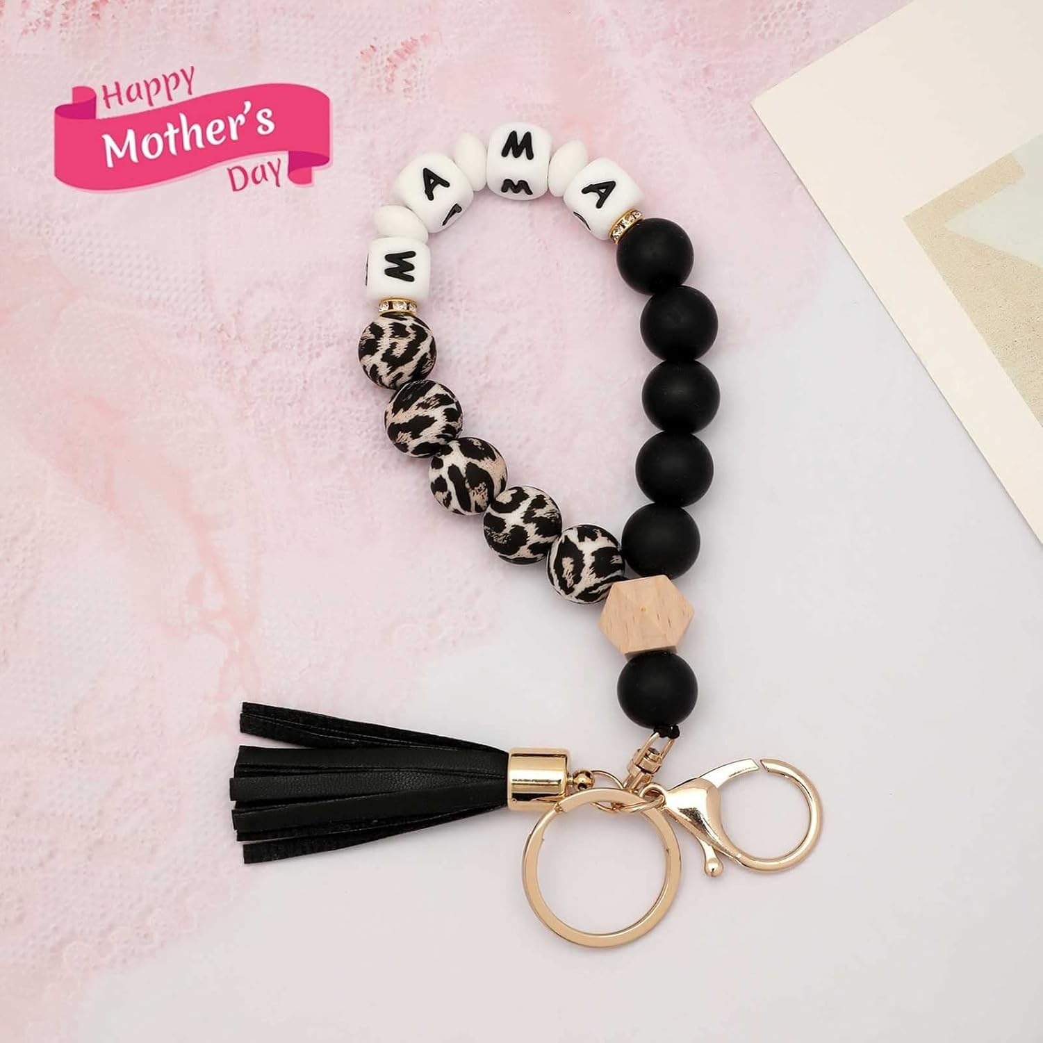 Llavero brazalete silicona cuentas mujer fleco piel esencial, Mama-leopardo