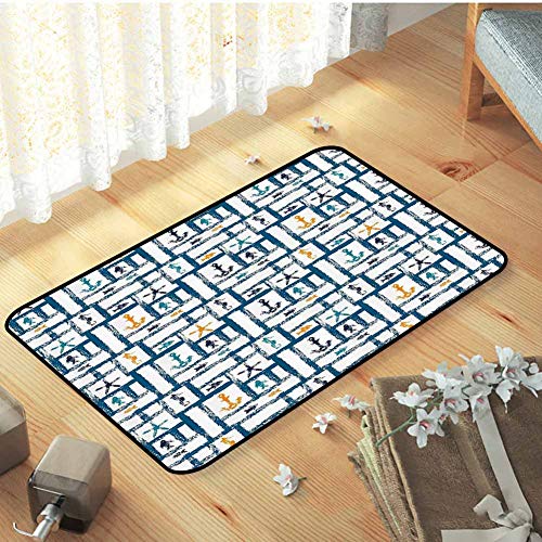 Anyangeight Navy Indoor/Outdoor/Front Door/Bathroom Mats Marine Grunge Starfish Anchor Seahorse Underwater Marine Murky