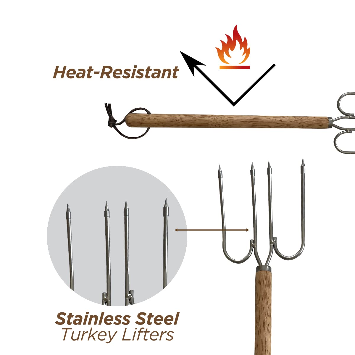 Stainless Steel Meat Forks, Set of 2 Long Handles Poultry Forks for Lifting and Turning Large Roast, Ham & Big Turkey, 17 Inch, Heavy Duty, Wooden Handle With Strap — Amazon image 5