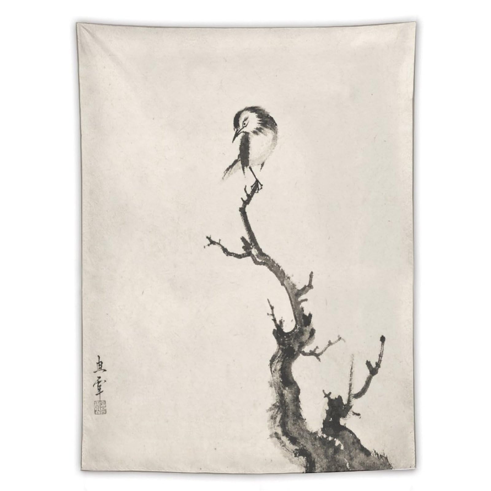 W7C8U2X3 Ink Bird on Branch Wall Tapestry, Asian Ink Style, Living Room
