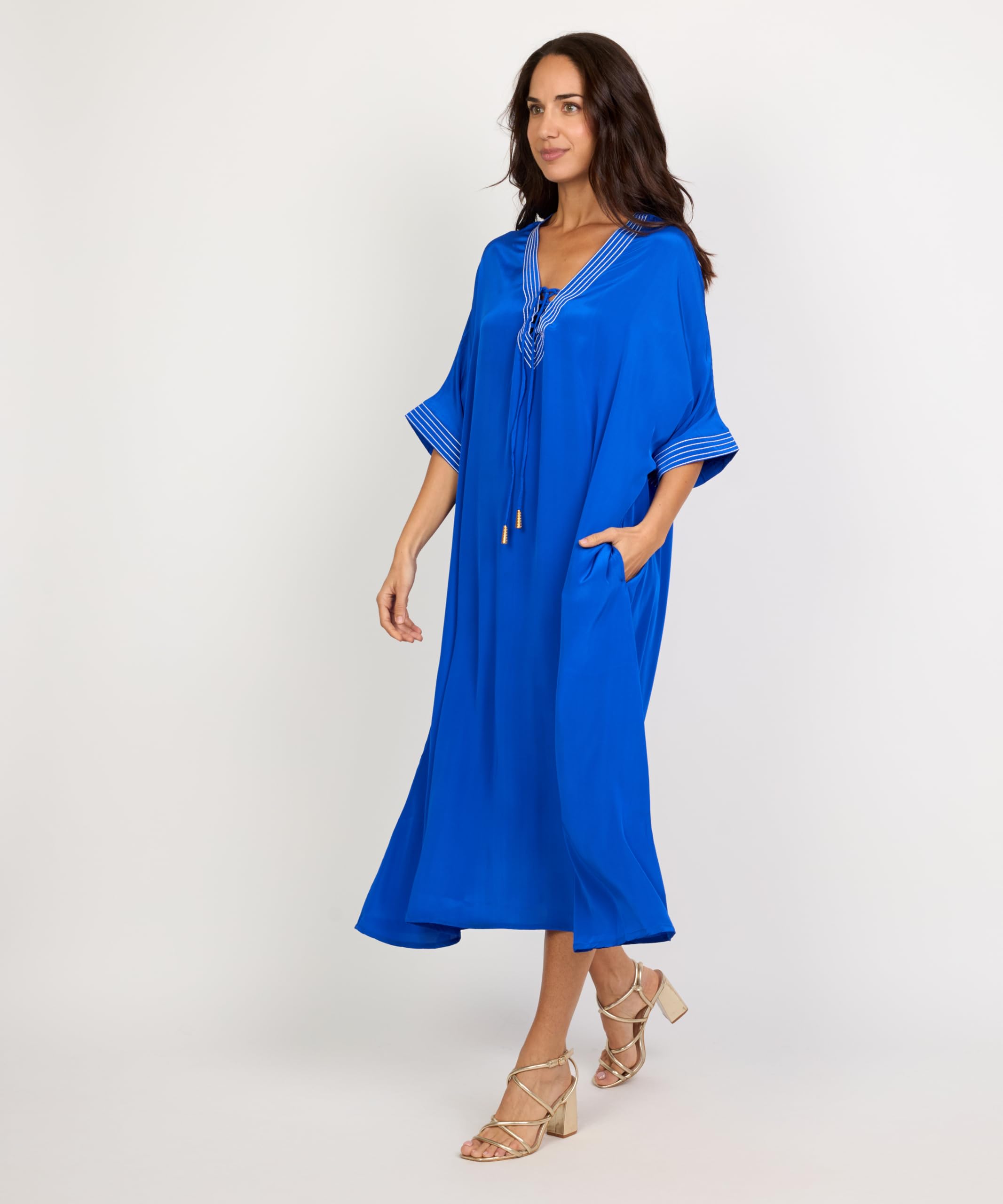 Kaftan de Playa Largo Casual con Cuello V, Detalles de Líneas Decorativas, Estilo Suelto